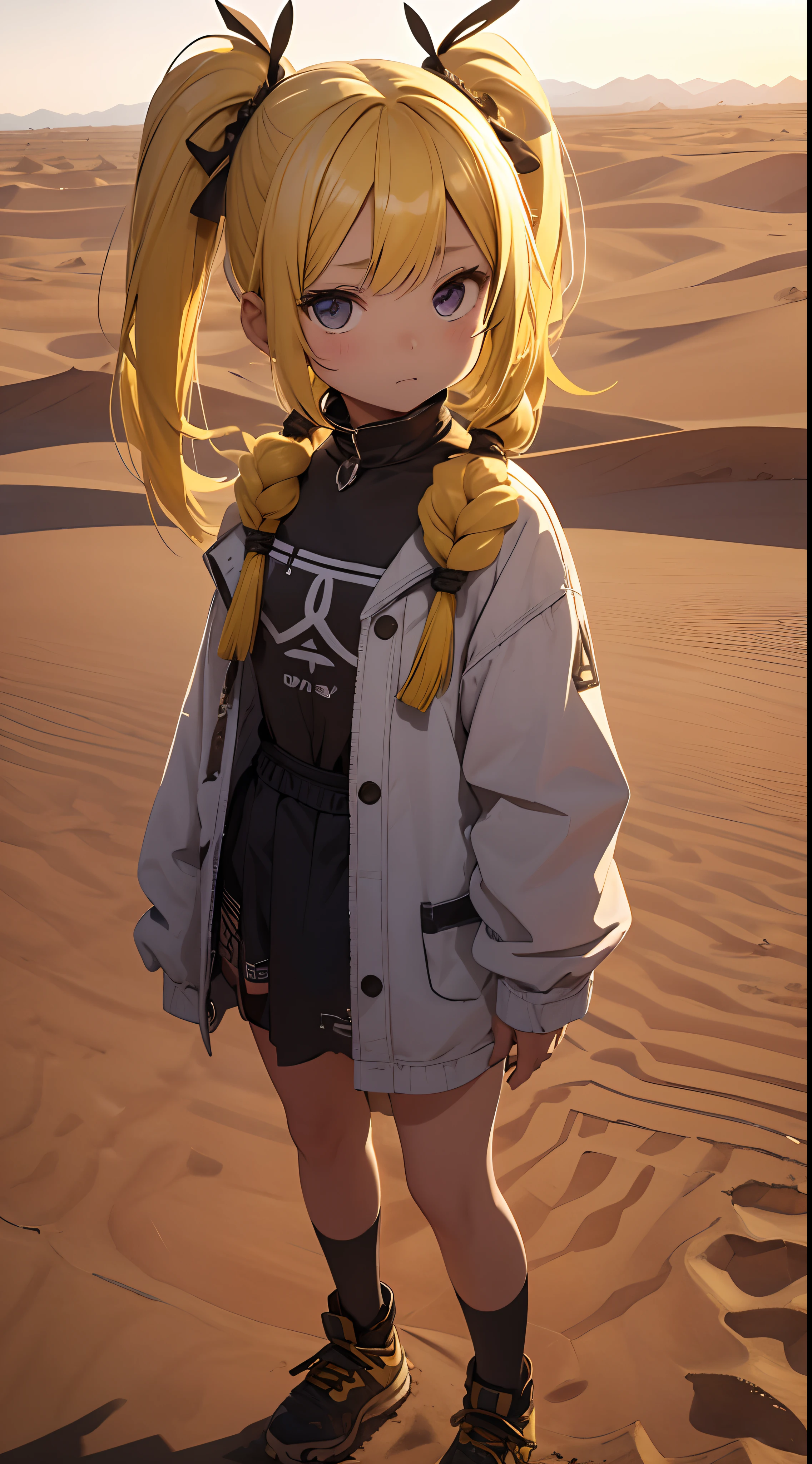 10-year-old girl with yellow hair。Being in the desert。Wearing tattered clothes。Have a stick。desert background。Skeletons are buried here and there。chiquita。The skin is hidden。twintails hairstyle。Have a scoop。The background is a desert where skeletons are buried。Short twin tails。