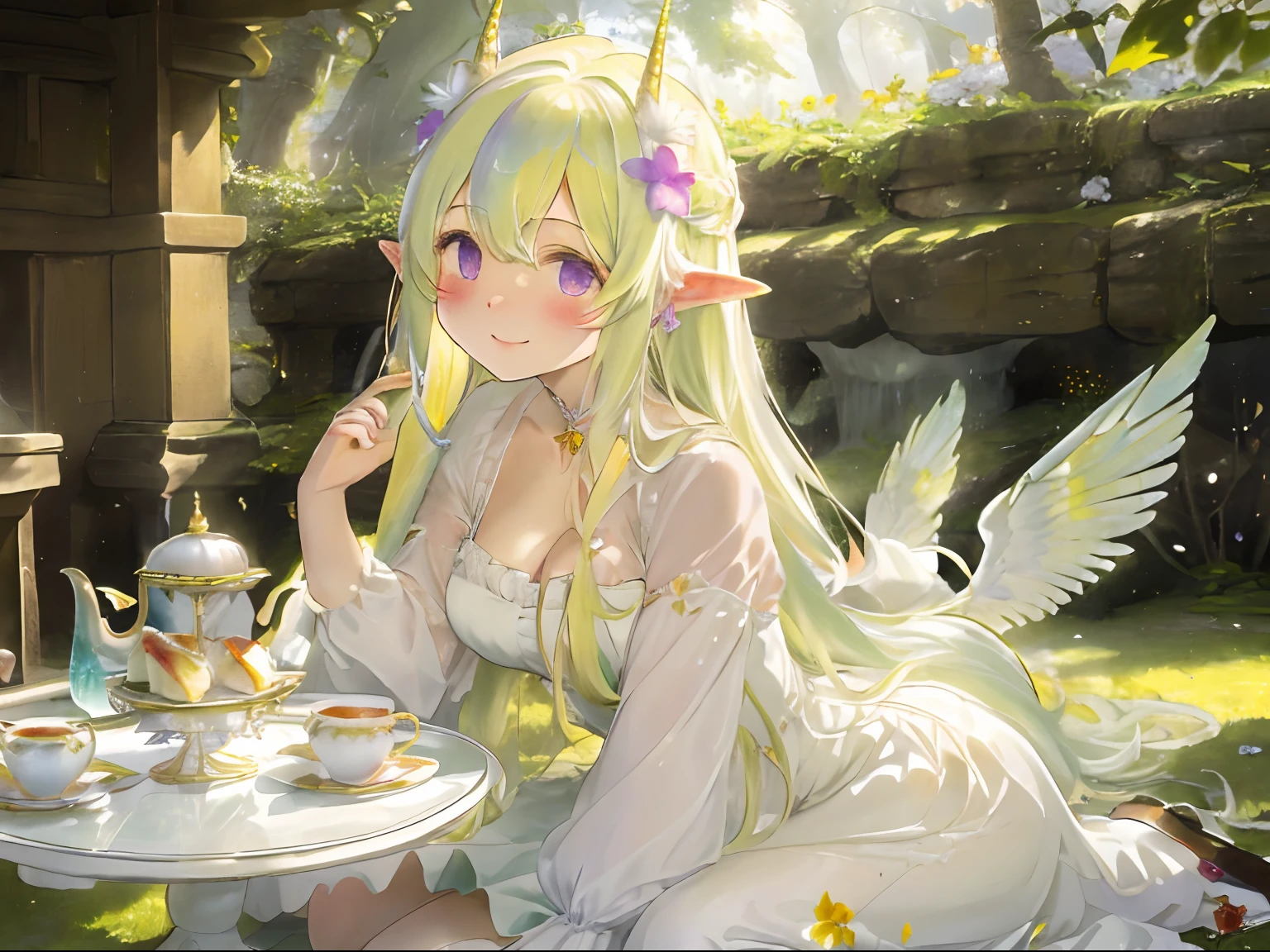 colorful flower々Forest in full bloom,Fluffy pale golden hair,Eyes pale yellow-green,Elven ears,Unicorn horns,Luxurious and voluminous white dress, The hem of the dress is long enough to reach the ground,coloured butterflies々Jumping around(Pale green or yellow, Light purple and light blue),Iridescent fountain,Luxurious table and chairs with white carvings,afternoon tea,AHE Face,red tide,Pleasant look,Smile on his face,The tree々Soft light shining through the gaps in the leaves,Angel Light Ladder,