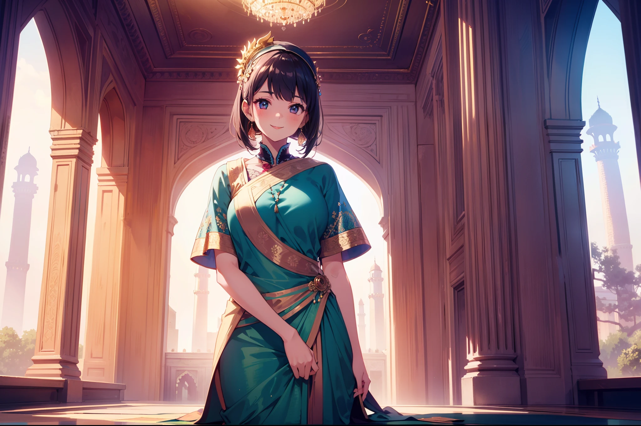 1 cute girl ,Indian clothing, standing , The Taj Mahal in the distance ,character focus , front viewer, (from below :0.8),cinematic lighting, smile , ((masterpiece)), ((best quality)), ((ultra-detailed)), (illustration), ((an extremely delicate and beautiful))