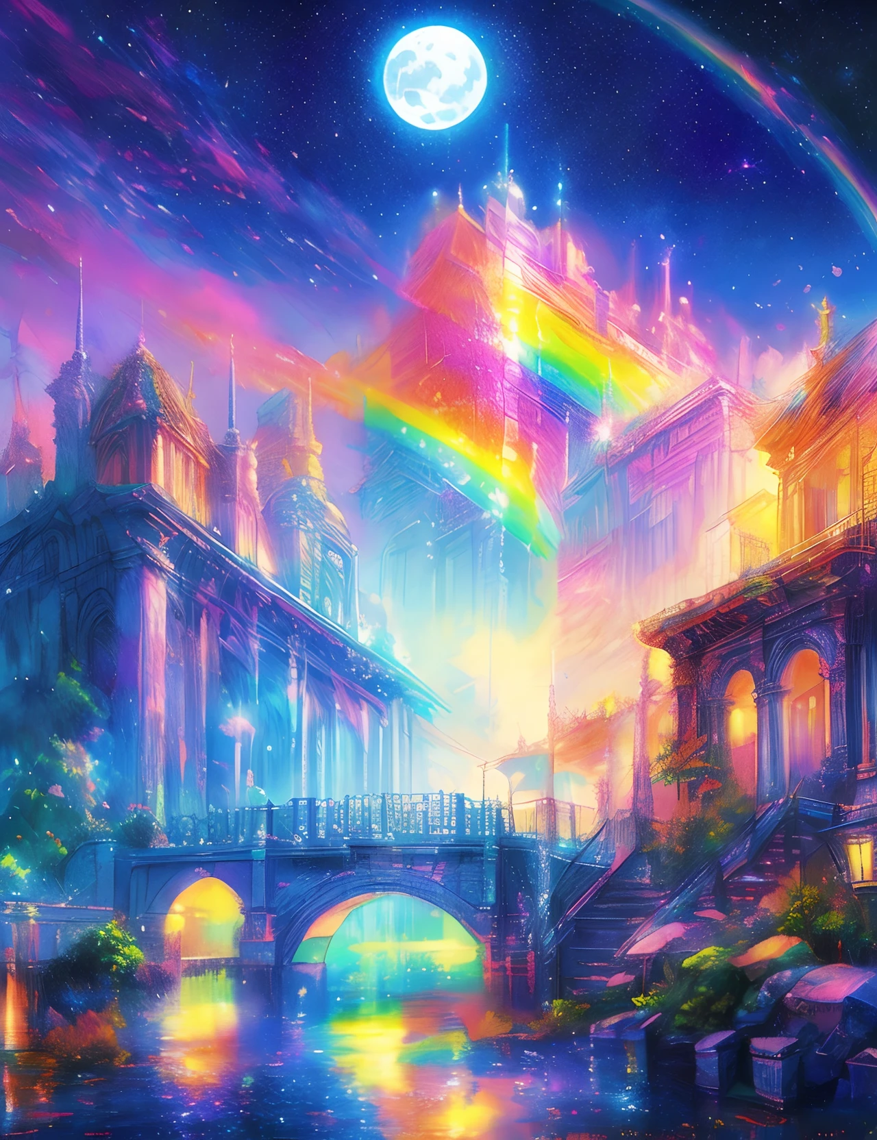metropolitan、Colorful Metropolitan Museum of Art、River painting with stars and moon in rainbow sky、the met、Shining skyscrapers、Shine across the board、Skyscrapers、Concept art inspired by Mitsuoki Tosa、pixiv contest winners、top-quality、Fantasyart、beautiful anime scene、Bright moon、Moonlit star environment、Dream painting、Anime Background Art、Fantasy landscape art、fantasy knight、anime backgrounds、background artwork、Fantastic art、atmospheric anime、starrysky、Detail has been enhanced。