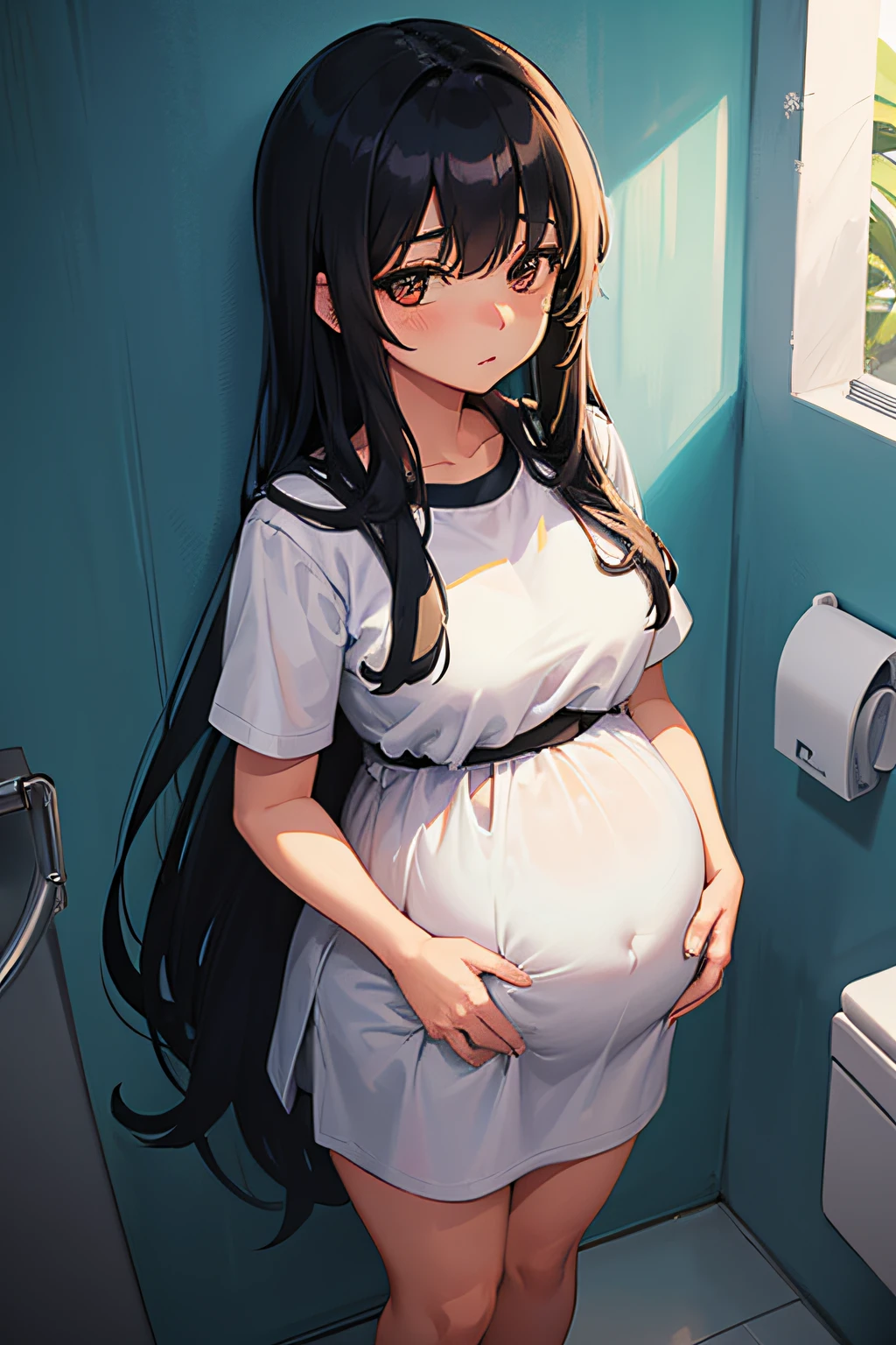1girl, long black hair, pregnant, at toilet