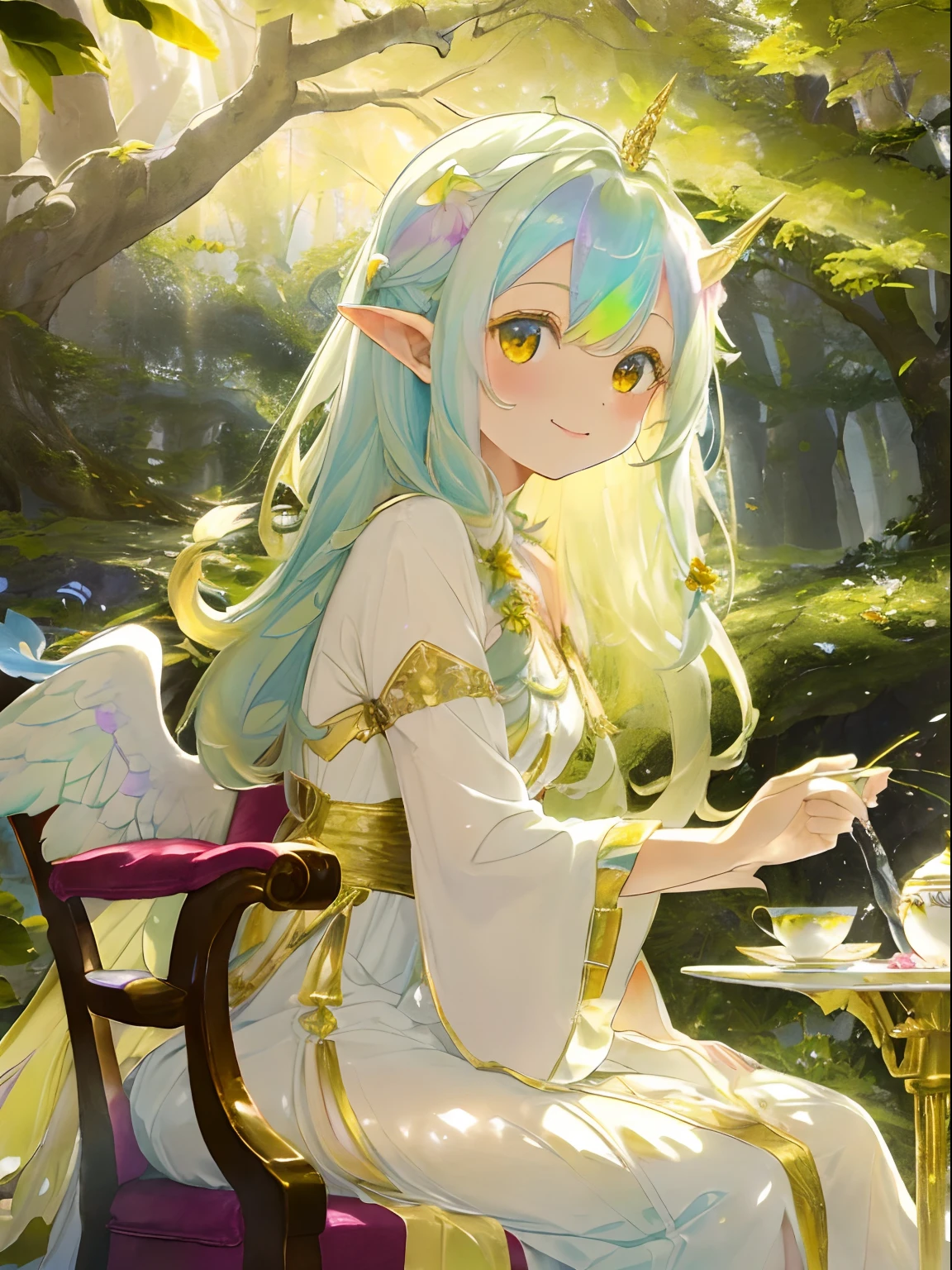 colorful flower々Forest in full bloom,Dense vegetation,Big forest,Fluffy pale golden hair,Eyes pale yellow-green,Elven ears,Unicorn horns,Luxurious and voluminous white dress, The hem of the dress is long enough to reach the ground,coloured butterflies々Jumping around(Pale green or yellow, Light purple and light blue),A small fountain of iridescent colors,Luxurious table and chairs with white carvings,afternoon tea,AHE Face,red tide,Pleasant look,Smile on his face,The tree々Soft light shining through the gaps in the leaves,Angel Light Ladder,