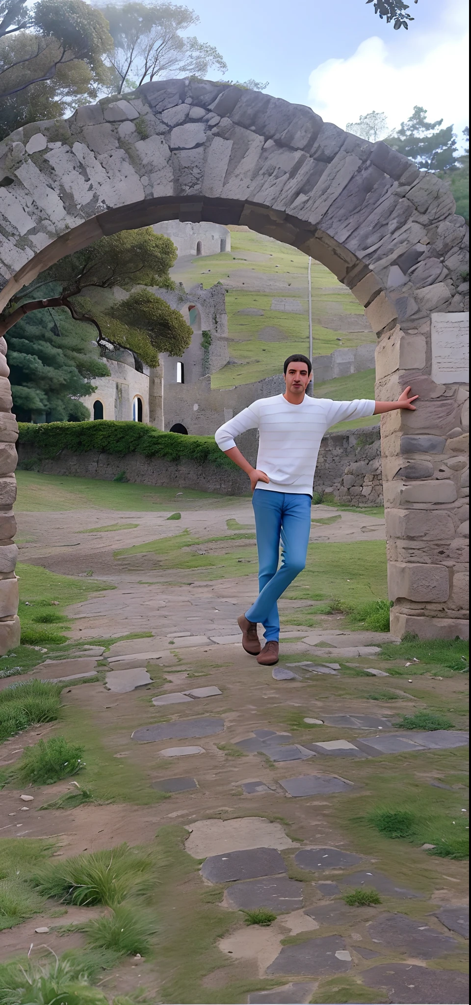 There's a man in the middle of a stone arch, Alexandros Pyromallis, gui guimaraes, Em Portugal, near a stone gate, standing near a castle, Arrendajo em Avila Pinewood, standing astride a gate, standing before ancient ruins, against the backdrop of trees, dancing in the background