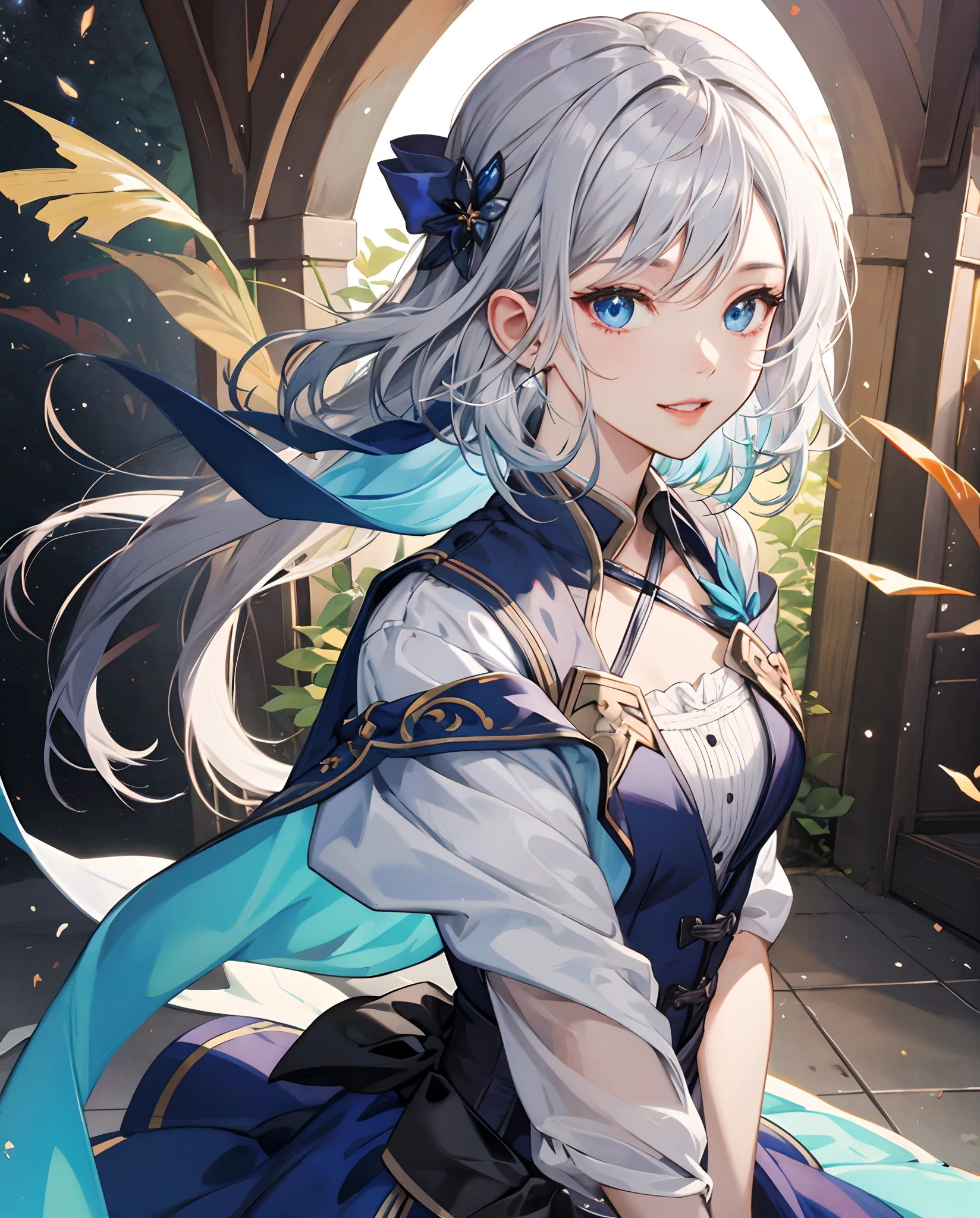 ​masterpiece、top-quality、超A high resolution、2D Beautiful Girl、animesque、teens girl、Silvery hair、short-haired、Vampire-like figure、Beautiful blue eyes、The clothes are also depicted in detail、Eyes are depicted in detail、The face is depicted in detail、sorcerer、soio、Gentle smile、hair adornments、animesque、illustratio