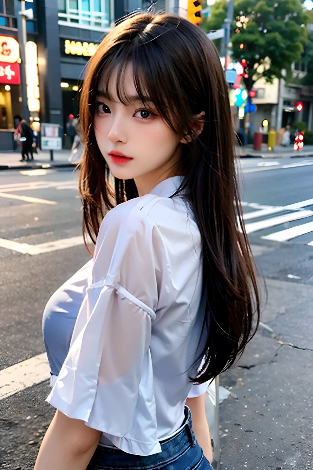 超A high resolution、masterpiece、top-quality、extra detailed face、A detailed eye、Very complex and、perfect glossy shiny skins、Perfect litthing、Detailed Lighting、Dramatic shadows、光线追踪、1 girl in、cowboy shot、Casual Fashion、In the street、Harajuku、(Shy smile:0.6)、looking at the viewers、Dynamic Poses、Silky straight brown hair、medium breasts