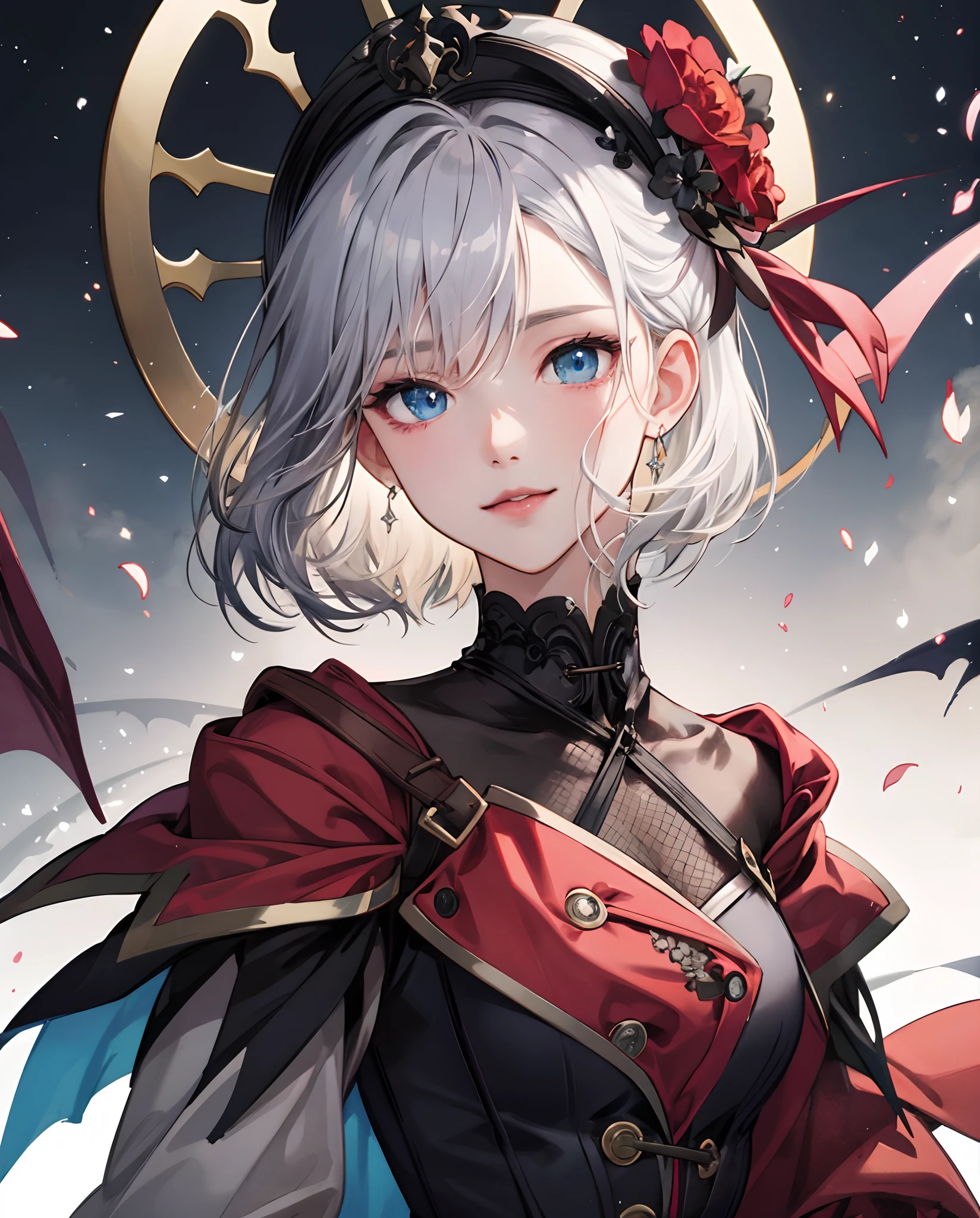 masterpiece、top-quality、超A high resolution、2D Beautiful Girl、animesque、teens girl、Silvery hair、short-haired、Vampire-like figure、Beautiful blue eyes、The clothes are also depicted in detail、Eyes are depicted in detail、The face is depicted in detail、sorcerer、soio、Gentle smile、hair adornments、animesque、illustratio