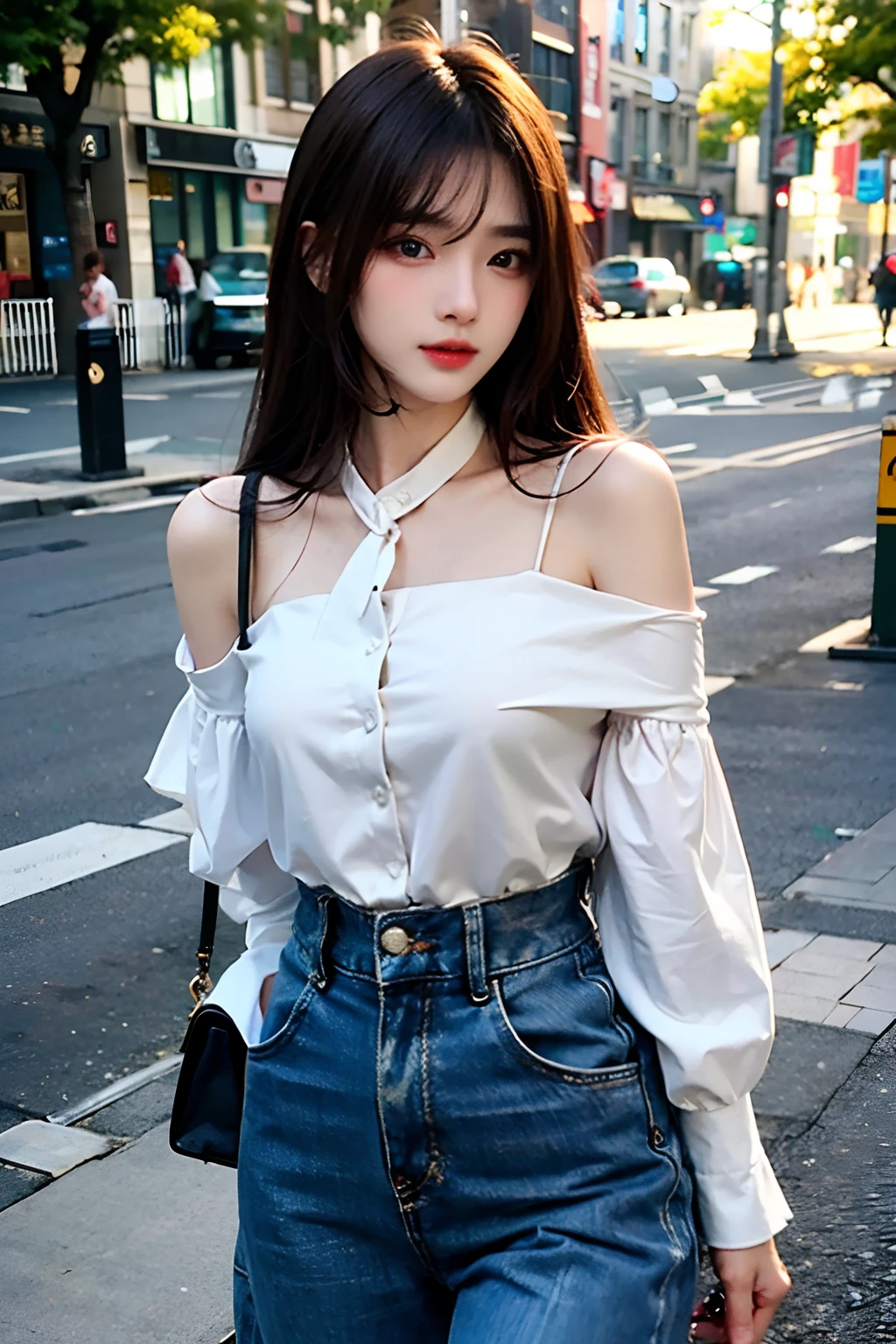 超A high resolution、masterpiece、top-quality、extra detailed face、A detailed eye、Very complex and、perfect glossy shiny skins、Perfect litthing、Detailed Lighting、Dramatic shadows、光线追踪、1 girl in、cowboy shot、Casual Fashion、In the street、Harajuku、(Shy smile:0.6)、looking at the viewers、Dynamic Poses、Silky straight brown hair、medium breasts