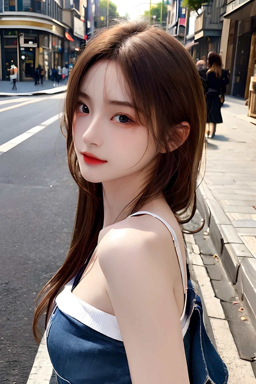 超A high resolution、masterpiece、top-quality、extra detailed face、A detailed eye、Very complex and、perfect glossy shiny skins、Perfect litthing、Detailed Lighting、Dramatic shadows、光线追踪、1 girl in、cowboy shot、Casual Fashion、In the street、Harajuku、(Shy smile:0.6)、looking at the viewers、Dynamic Poses、Silky straight brown hair、medium breasts