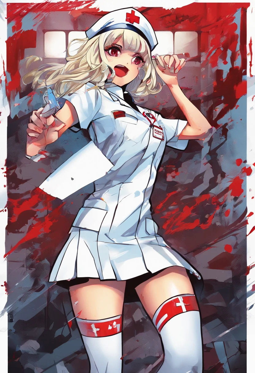 masterpiece, highest quality, highest detail, 1 girl,
BREAK, horror, (Small injured girl, blood, bleeding, injury), Shining white hair, jewel-like red eyes, anime highlight eyes, (Nurse uniform: 1.4), (White tight miniskirt: 1.2), White pantyhose, scarred clothes, dirty clothes, bloodstained clothes, scarred skin, battle damage, bandaged arms, bandaged legs, (Yandere:1.2),
BREAK, The background is a modern hospital, a collapsed hospital,
BREAK, full body, movie lighting, action movie poster, dynamic, beautiful girl action actor, motion blur, depth of field, 35mm, Sony FE, 1girl,