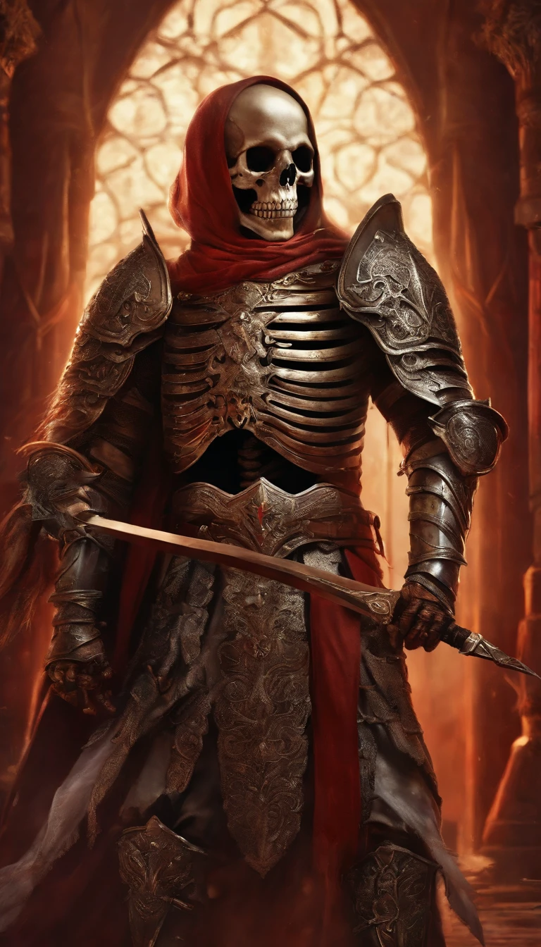 A bloody skeleton warrior,is dressed in armor,Holding a sharp sword in his hand,The character is standing,Surreal art