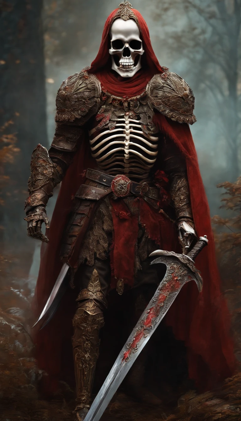 A bloody skeleton warrior，is dressed in armor，Holding a sharp sword in his hand，The character is standing，Surreal art