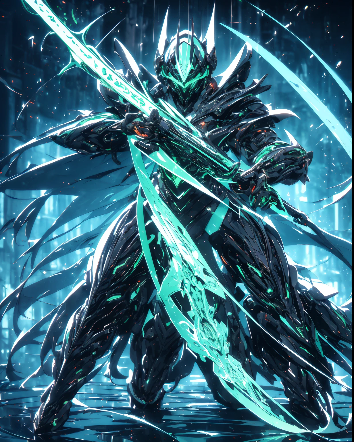 masterpiece, best quality, (Realistic, Intricate details, Shiny, Reflective, Bioluminescent, cybersamurai, red-green armor), (assassin:1.2), Mech Knight, ((Guard Stance)), Halo, Elden Ring, (Attacking with symmetrical neon red sword:1.2, intricate details), Galaxy, GlowingRunes_red, fullbody, cinemnatic, dark background, backlight, high contrast,
