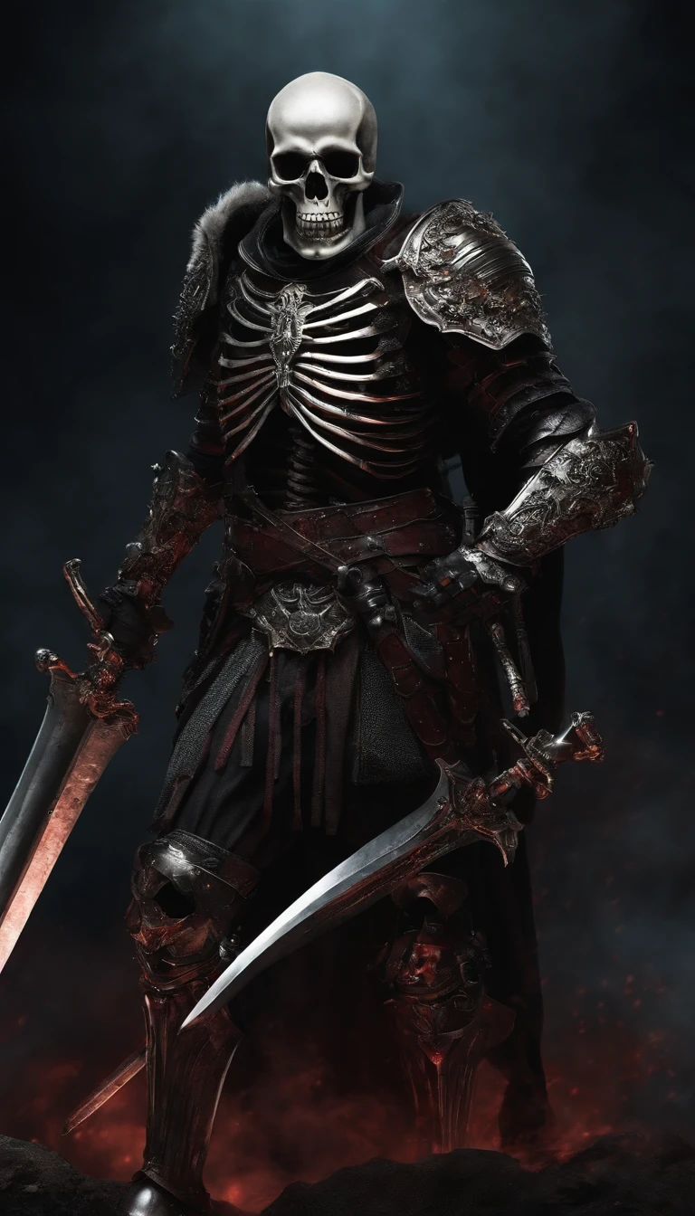 (a gory, bloody, detailed) skeleton warrior, (wearing armor), (holding a sharp, gleaming sword), (standing), (ultra-detailed), (surreal, conceptual art), (dark, monochromatic), (with dramatic, contrasted lighting).