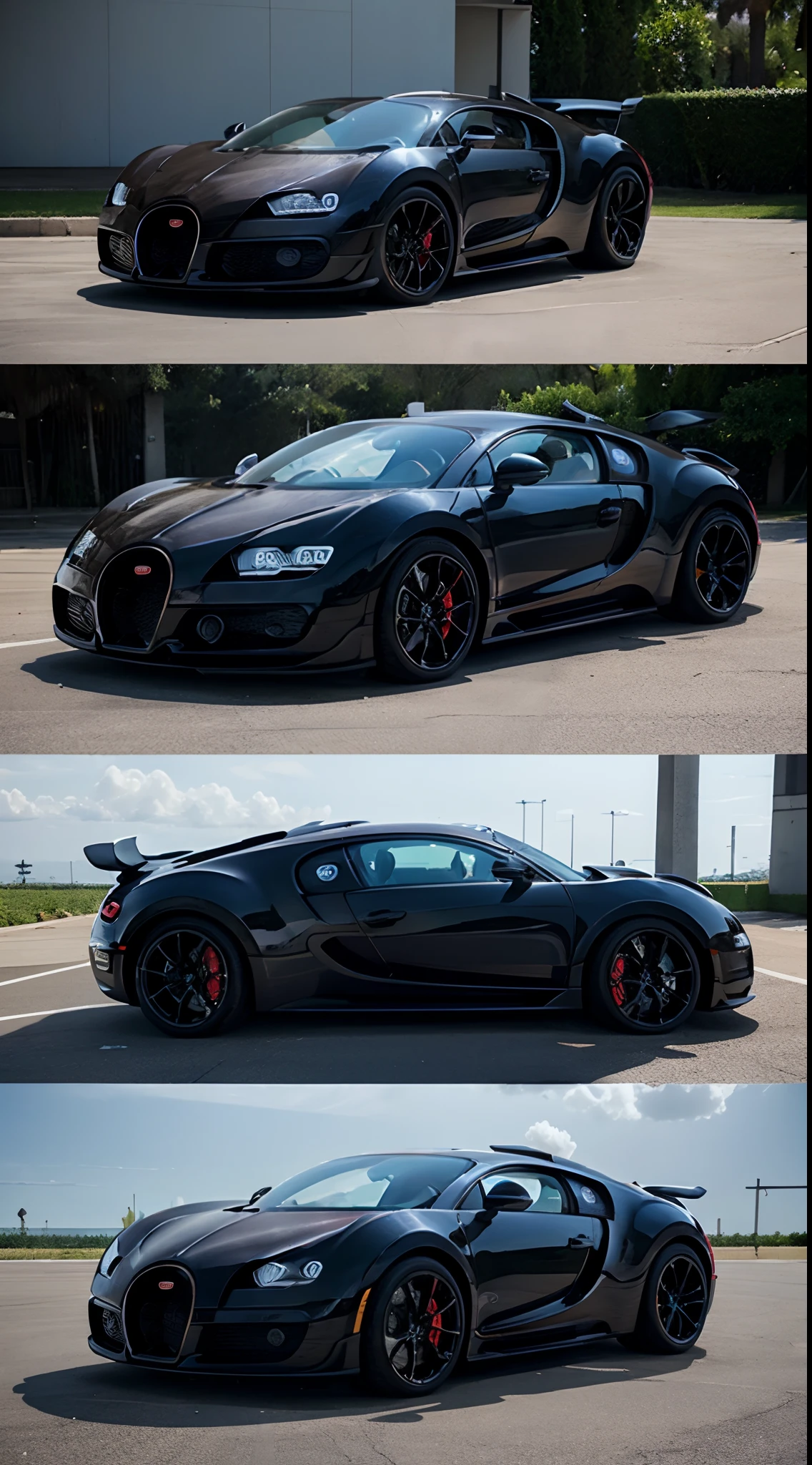 "Generate a realistic image of the Bugatti La Voiture Noire, emphasizing its sleek design and quad-turbo engine."