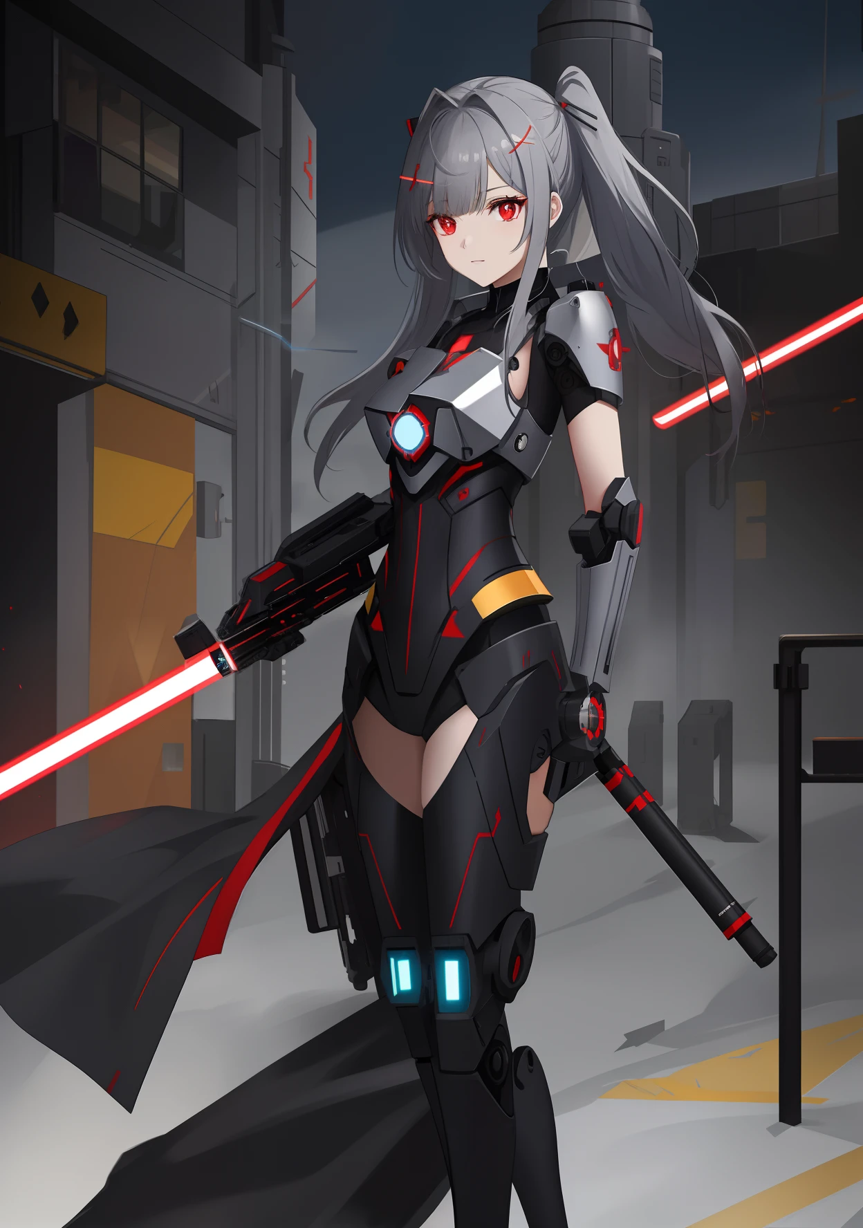 greyt hair, side swept bangs, （（hair covering one eye））,There is a red antenna decoration on the head, x-shaped pupils, Red eyes,（ Mechanical prosthetics）, There is a red reactor in the middle of the chest, （Dark blue body）, holding a red lightsaber,Stand on the broken streets， Ark of Tomorrow standing painting style, Ray tracing, 8K, Super detail