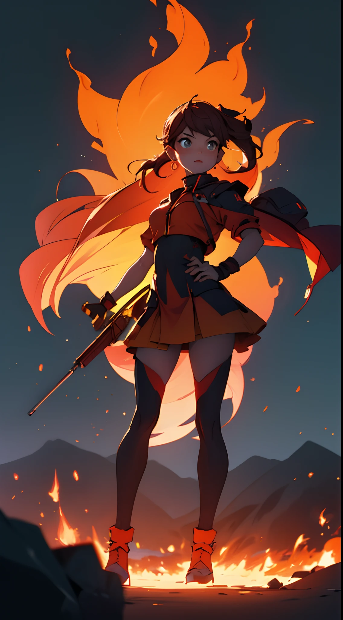 Orange, red and yellow flames in circular shape rising upwards and a girl in action pose is standing in front of it in silhouette