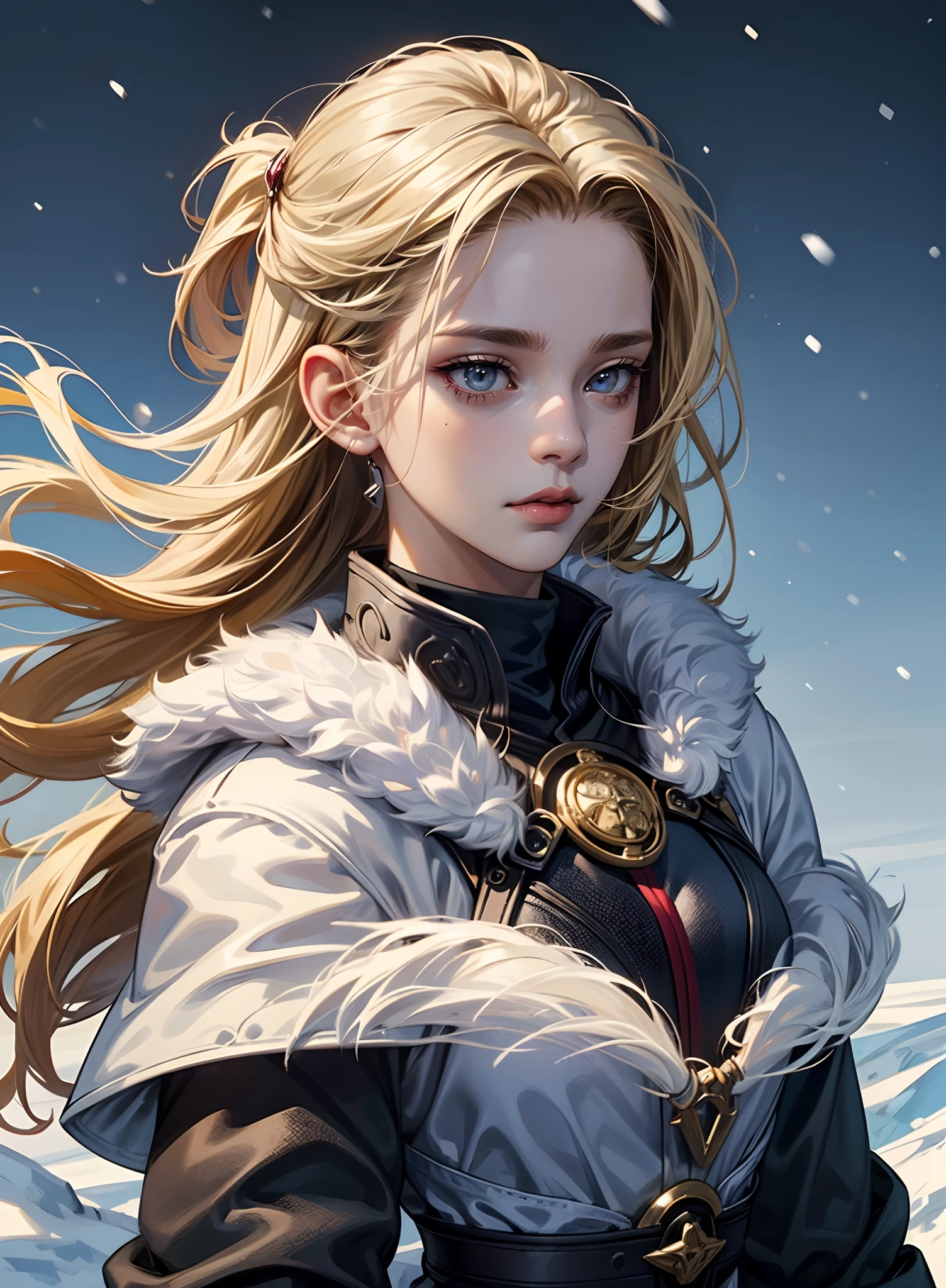 Dark Sushi Mix Mix_225D Girl, Adult (a river:0.7) Woman, freckle, ((Hazel eyes)), Medium blonde messy hair, Solo, Upper body, Detailed background, Detailed face, (, OpticalTech Theme:1.1), Ice Winter Warrior, (Glowing eyes:1.05), grim facial expression, Dynamic Pose, (Crystal Ice Armor:1.05), Winter in the Arctic, snowy background, Frozen natural landscape against the backdrop of a magnificent atmosphere, ((Gold Belt))), ((snow blowing)),