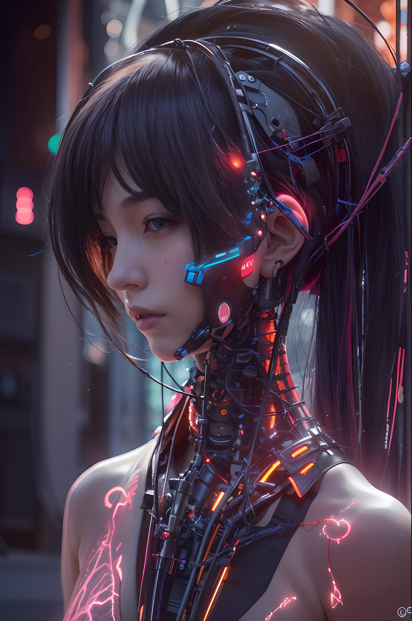 ((close up portrait of beautiful cybernetic girl)), ((mechanical limbs)), (blood vessels connected to tubes), (mechanical vertebrae), ((mechanical cervical attaching to neck)), (wires and cables attaching to neck:1.2), ((mass of wires and cables on head)), (character focus), (masterpiece), (((best quality))), ((ultra-detailed)), (highly detailed photorealistic CG illustration), cinematic lighting, science fiction, extremely detailed,colorful,highest detail, cyberpunk city background.