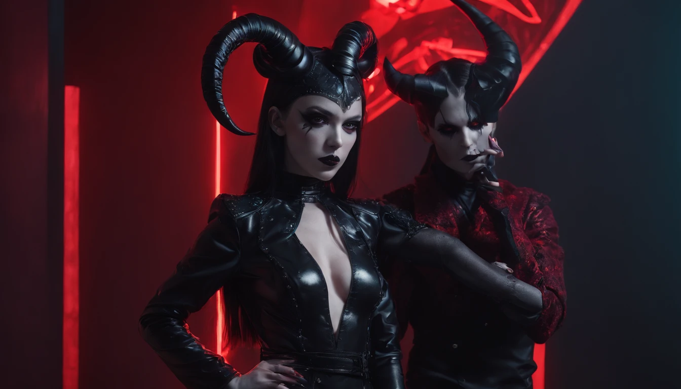 a demon woman and her male slave with horns dressed in latex leotard posing for a photo, red neon behind her, goth asthetics, very beautiful goth top model, goth woman, dark goth queen, gothic horror vibes, goth girl, darksynth vibes, dark and intricate, gothic and futuristic, latex fetish, goth vibe, dark demonic dancer, ornamental gothic - cyberpunk, red lights, ultra detailed, hyper realistic, masterpiece.