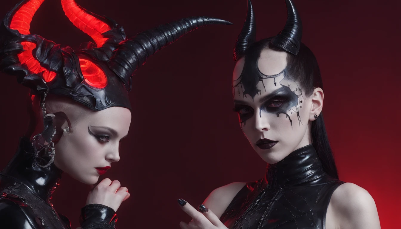 a demon woman and her male slave with horns dressed in latex leotard posing for a photo, red neon behind her, goth asthetics, very beautiful goth top model, goth woman, dark goth queen, gothic horror vibes, goth girl, darksynth vibes, dark and intricate, gothic and futuristic, latex fetish, goth vibe, dark demonic dancer, ornamental gothic - cyberpunk, red lights, ultra detailed, hyper realistic, masterpiece.