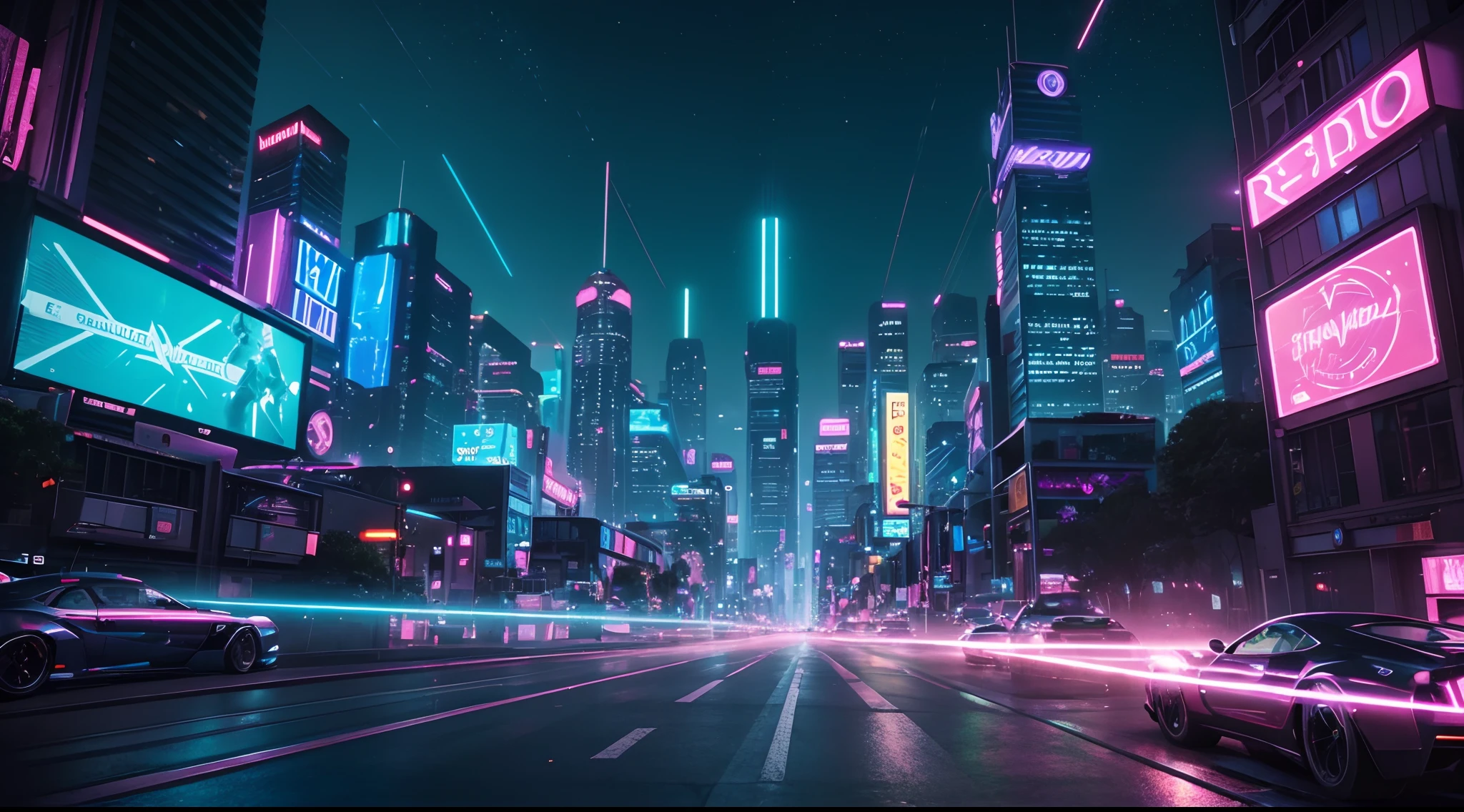 a retrofuturistic cityscape with vibrant neon lights, bustling streets, and towering skyscrapers, (best quality, 4k), ultra-detailed, (realistic:1.37) retrowave-inspired digital illustrations and 3D renderings (medium) chrome-plated sports cars and motorbikes racing through the city streets, leaving streaks of light (high energy, action-packed) an enormous holographic billboard displaying a futuristic model with luminous eyes and striking features (glowing, captivating) a group of stylish and fashionable individuals, wearing neon-colored clothing, gathered around a vintage arcade machine, immersed in virtual reality games (trendy, lively) dynamic laser beams cutting through the night sky, creating an otherworldly atmosphere (sci-fi, futuristic) synthwave music filling the air, evoking a sense of nostalgia and excitement (retro, energetic) a sunset sky with a gradient of pastel colors, casting a warm glow over the city (dreamy, atmospheric) reflections of the city lights shimmering on the surface of a calm lake, adding a sense of serenity to the scene (reflective, peaceful) a retro-style graffiti mural on the side of a building, depicting a futuristic dystopian landscape (gritty, urban) subtle lens flares and soft bokeh effects, enhancing the dreamlike quality of the image (cinematic, ethereal) the interplay of vibrant colors, such as electric blue, hot pink, and neon green, creating a visually striking composition (colorful, eye-catching) the city bathed in soft, diffused light, giving the scene a magical and enchanting ambiance (mystical, enchanting)