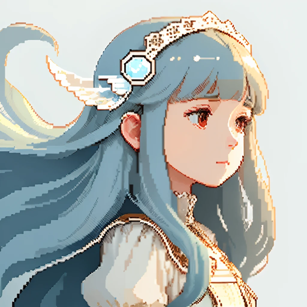 Pale light blue antique dress、Beige long-haired girl、Blunt bangs、profile、Pixel art、Pixel Art Illustration、pixels、Plain background、Upper body 、For icons、pixels_Art Book,Composition centered on the face、Straight face、Gothic headdress、pixels、Game-style illustration、Pixel art、pixels、Light shading、Fluttering hair、Back hair fluttering in the wind、pixels、Pixel art、pixel art