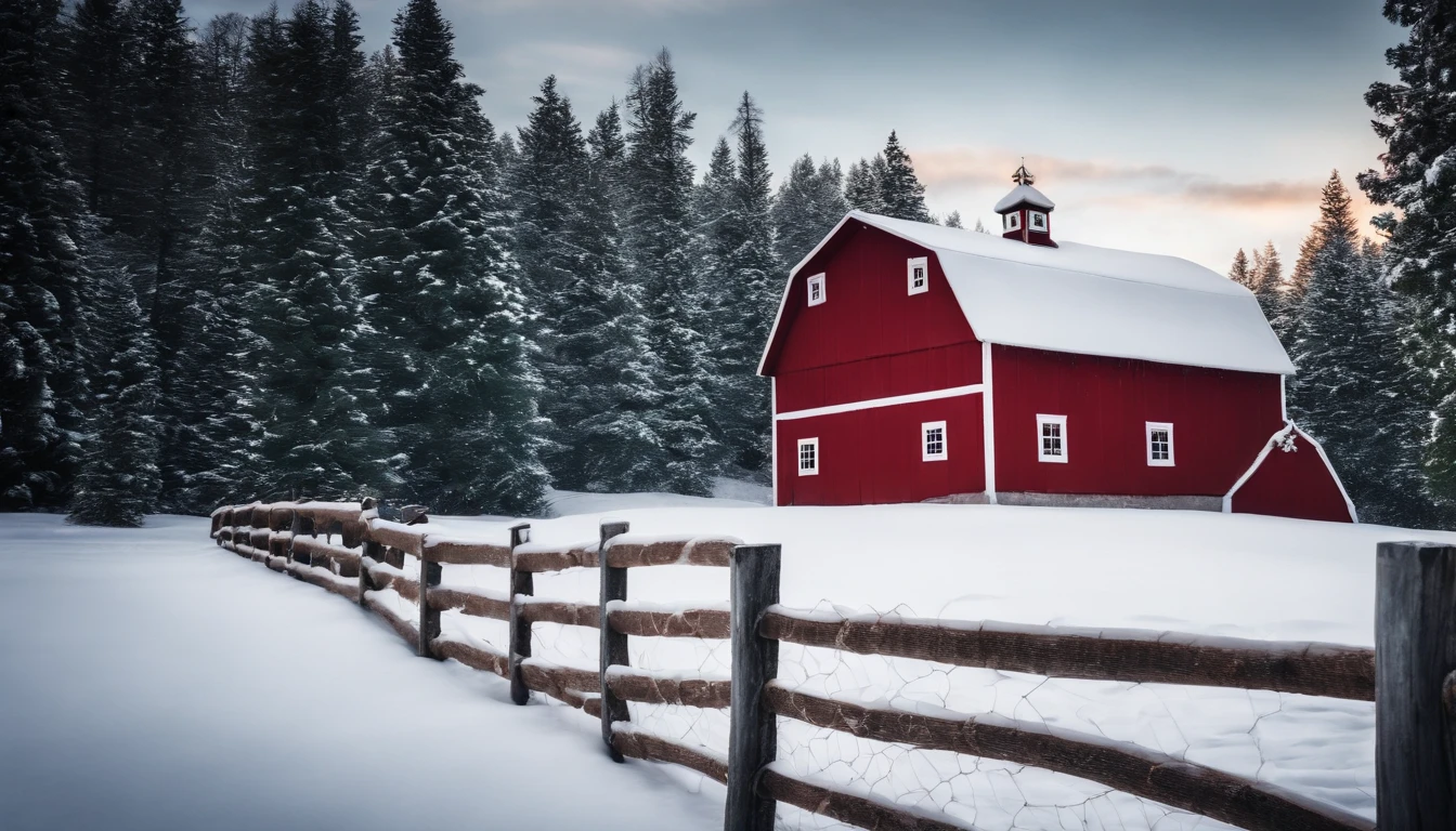 A snowy landscape with a charming red barn, surrounded by evergreen trees and a fence covered in twinkling lights.