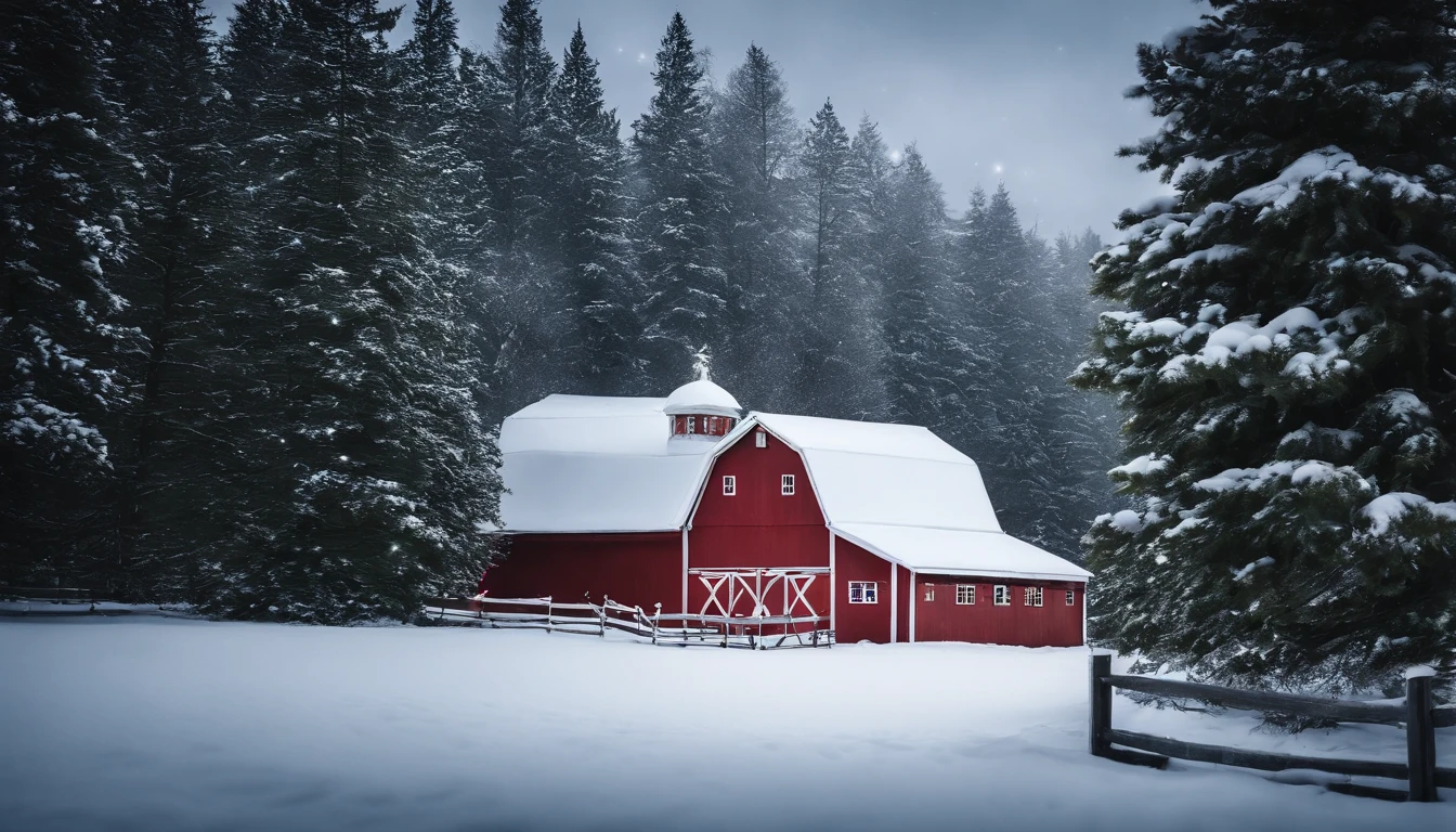 A snowy landscape with a charming red barn, surrounded by evergreen trees and a fence covered in twinkling lights.