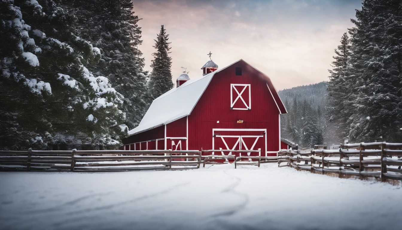 A snowy landscape with a charming red barn, surrounded by evergreen trees and a fence covered in twinkling lights.