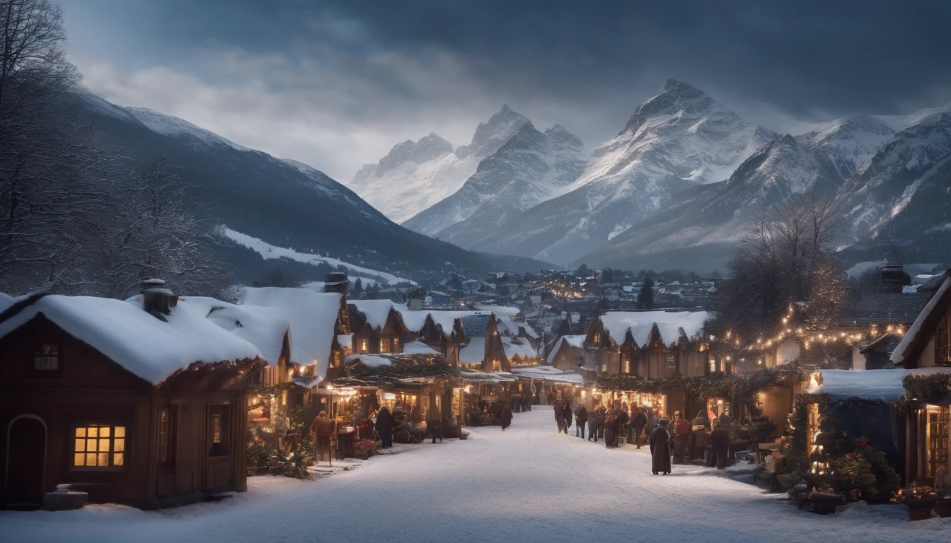 A picturesque winter village scene, with charming cottages covered in snow, a bustling market, and a majestic snow-covered mountain in the background.