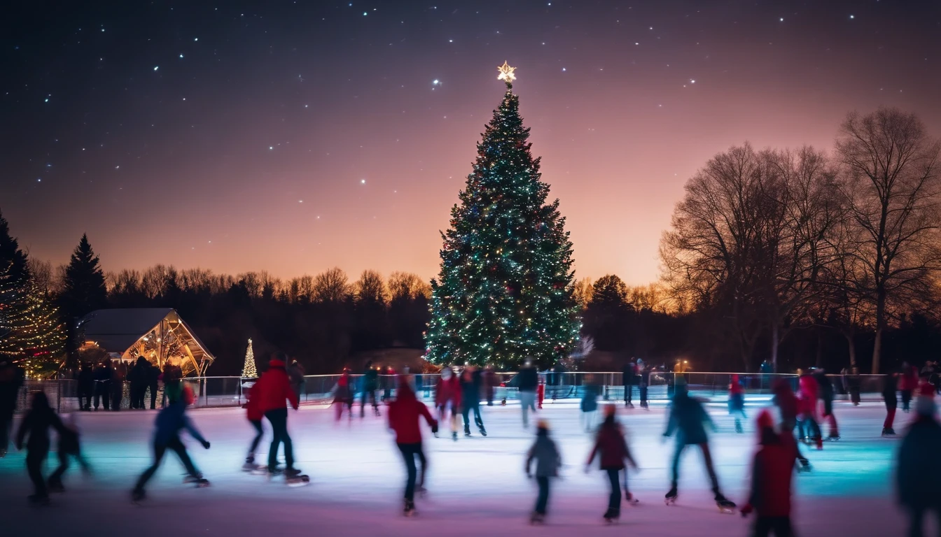 A festive outdoor ice skating rink, with colorful lights illuminating the ice and joyful skaters gliding gracefully beneath a starry night sky.
