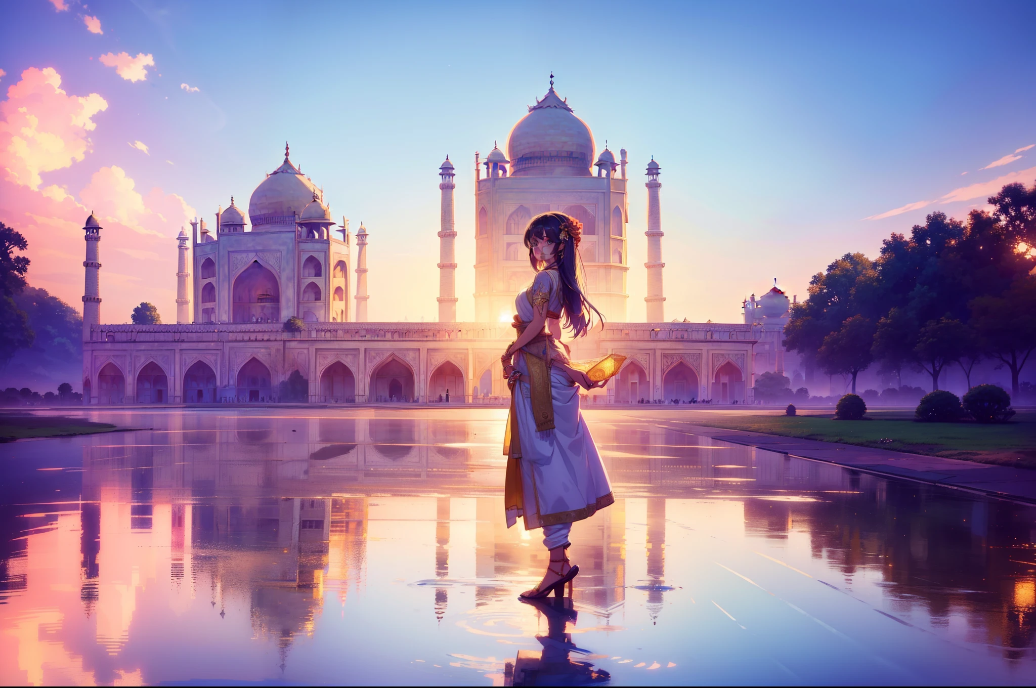 1 cute girl ,Indian clothing, standing,cowboy shot , (The Taj Mahal in the distance) ,character focus , (orange lighting), from side, cinematic lighting, smile , ((masterpiece)), ((best quality)), ((ultra-detailed)), (illustration), ((an extremely delicate and beautiful))