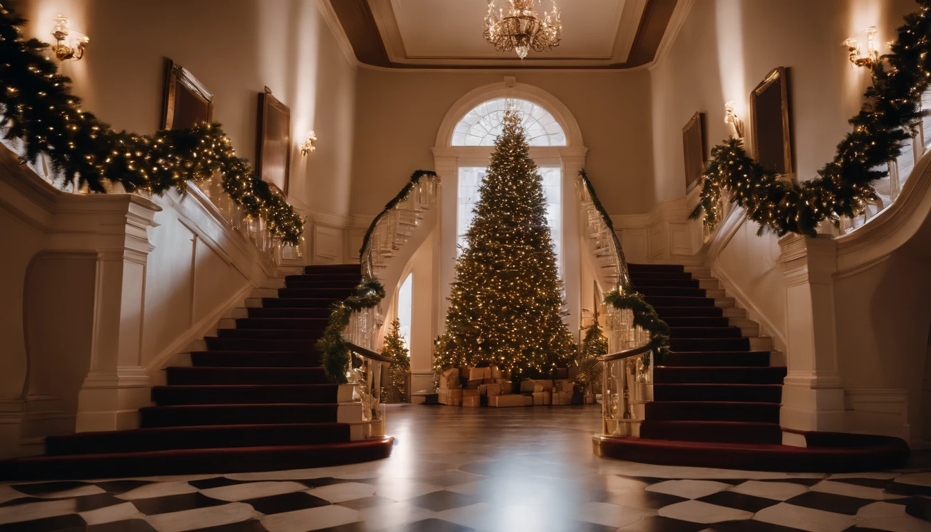 A grand entrance hall of a stately mansion, featuring a grand staircase adorned with garlands, wreaths, and an opulent Christmas tree at the center.