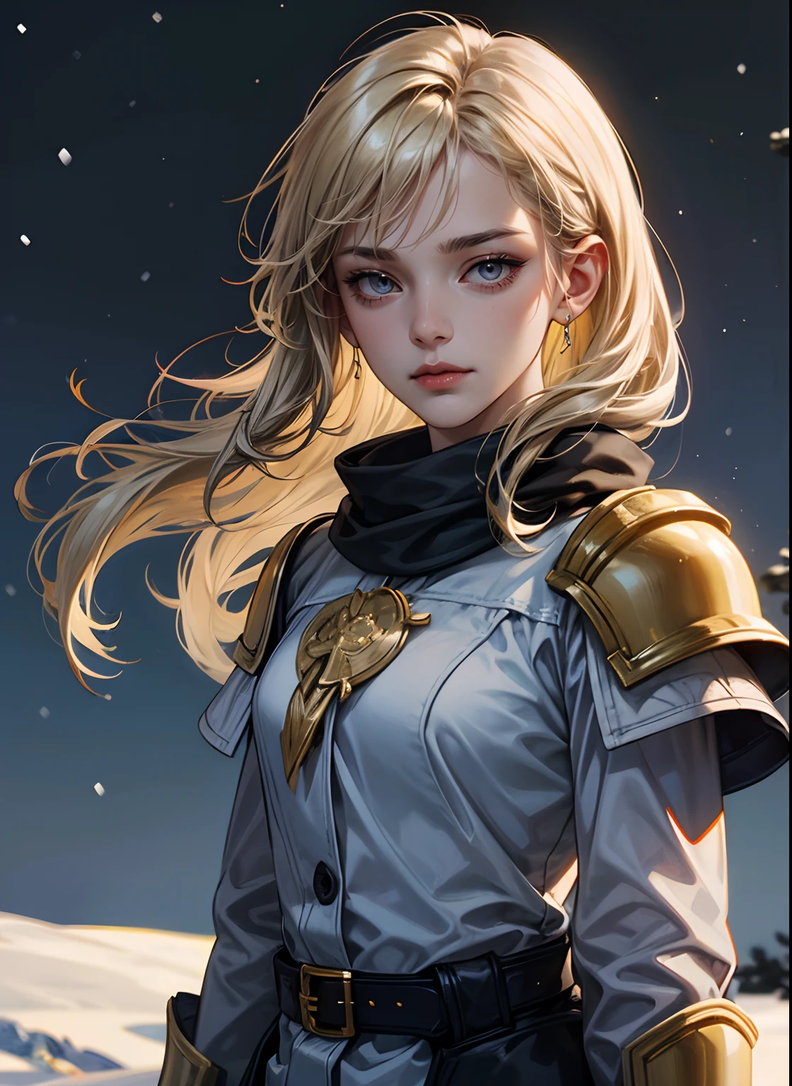 Dark Sushi Mix_225D Girl, Adult (a river:0.7) Woman, hitornfreckles, ((Hazel eyes)), Medium blonde messy hair, Solo, Upper body, Detailed background, Detailed face, (, OpticalTech Theme:1.1), Ice Winter Warrior, (Glowing eyes:1.05), grim facial expression, Dynamic Pose, (Crystal Ice Armor:1.05), Winter in the Arctic, snowy background, Freezing natural landscape against the backdrop of a majestic atmosphere, ((Gold Belt))), ((snow blowing)),