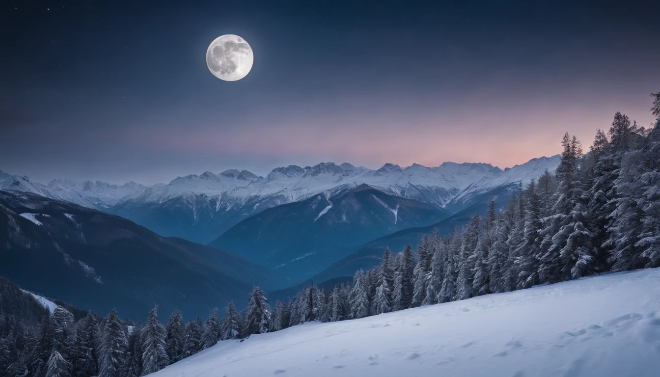 Montagnes de neige Superbe vue nuit pleine lune