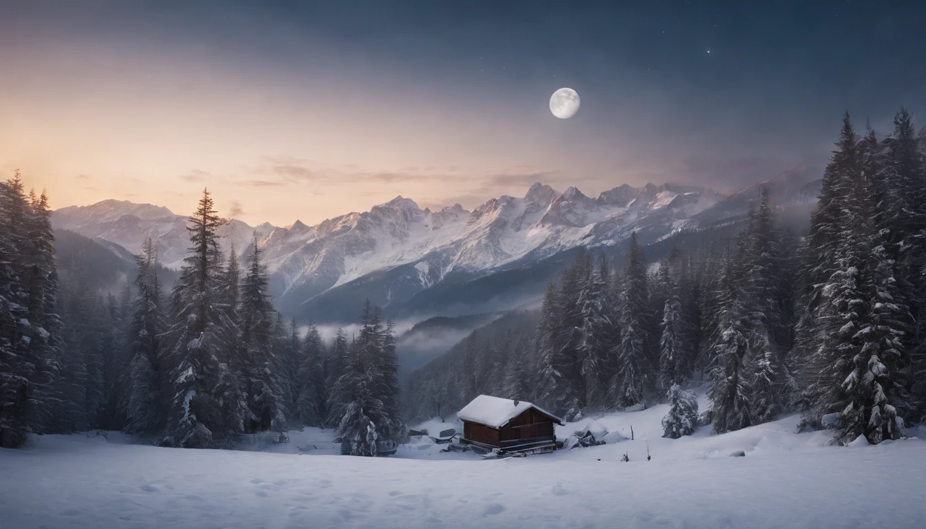 Montagnes de neige Superbe vue nuit pleine lune