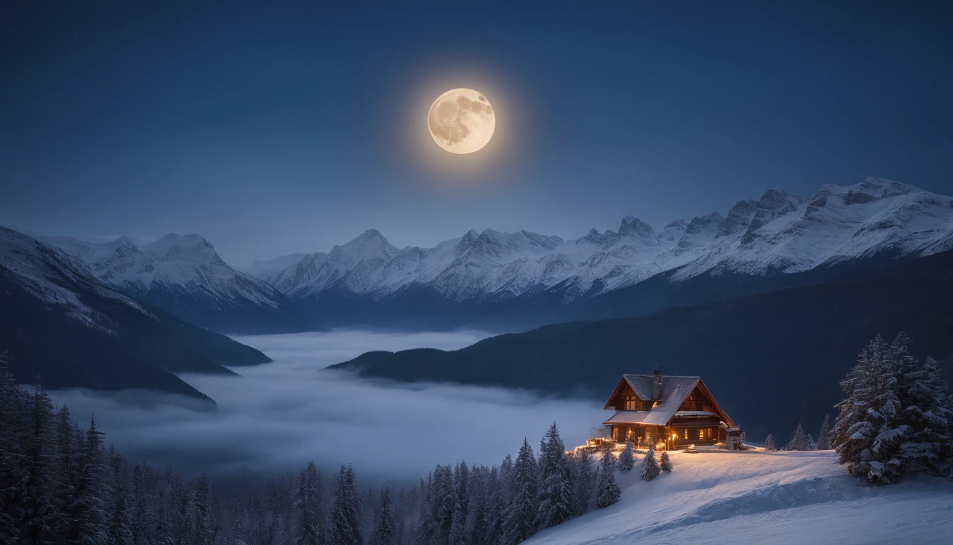 Montagnes de neige Superbe vue nuit pleine lune