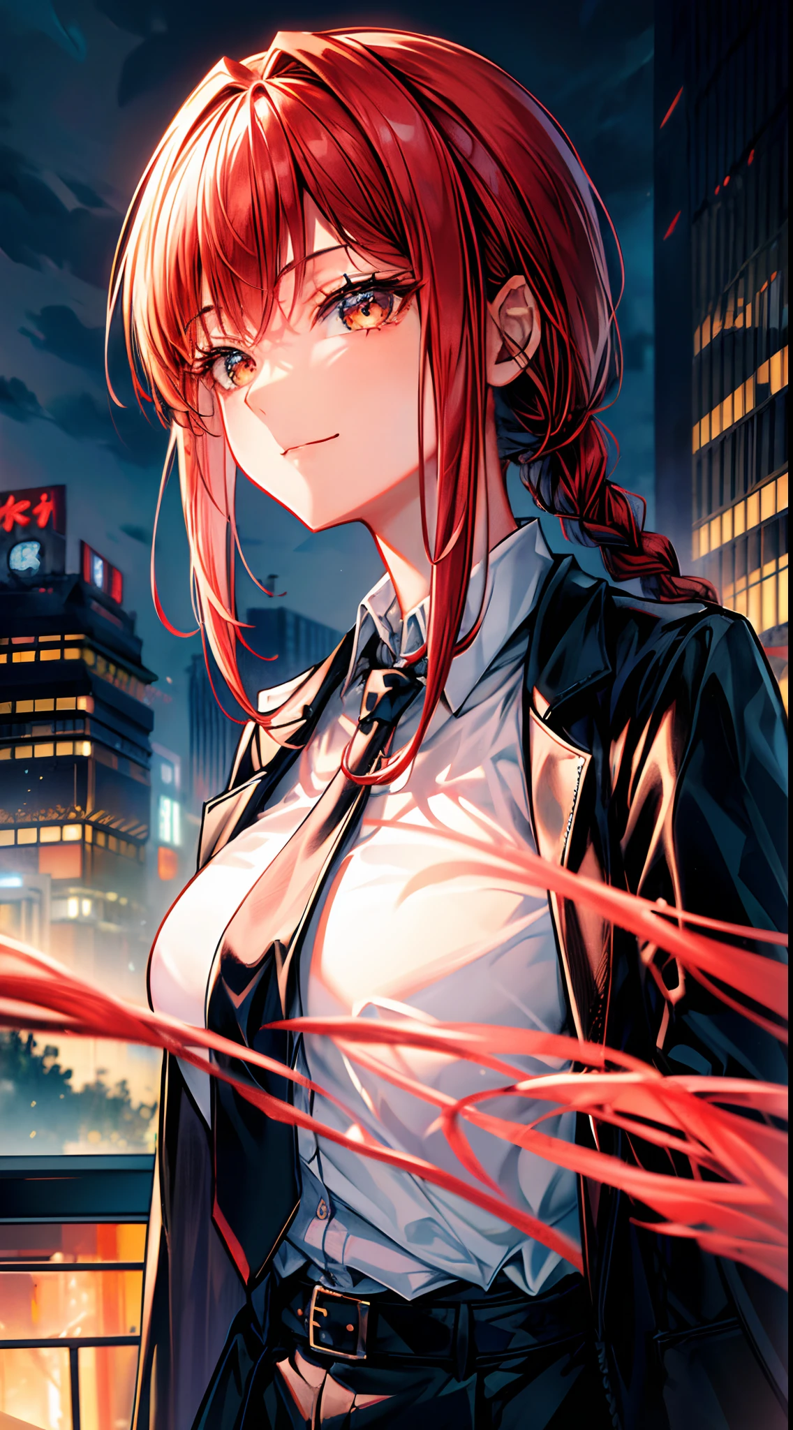 (absurdres, highres, ultra detailed, HDR), masterpiece, best quality, portrait, female focus, face focus, makima, makima \(chainsaw man\), red haired, eye_focus, a braid, (low ponytail), default_cloth, black long coat, collared shirt, black necktie, black pants, light smile, close mouth, detailed face, detailed eye, detailed hair, detailed outfit, tokyo (city), city background, collapsed cityscape, luxurious, 8k, detailed, ray tracing, depth of field, cinematic lighting, looking at another, blue sky