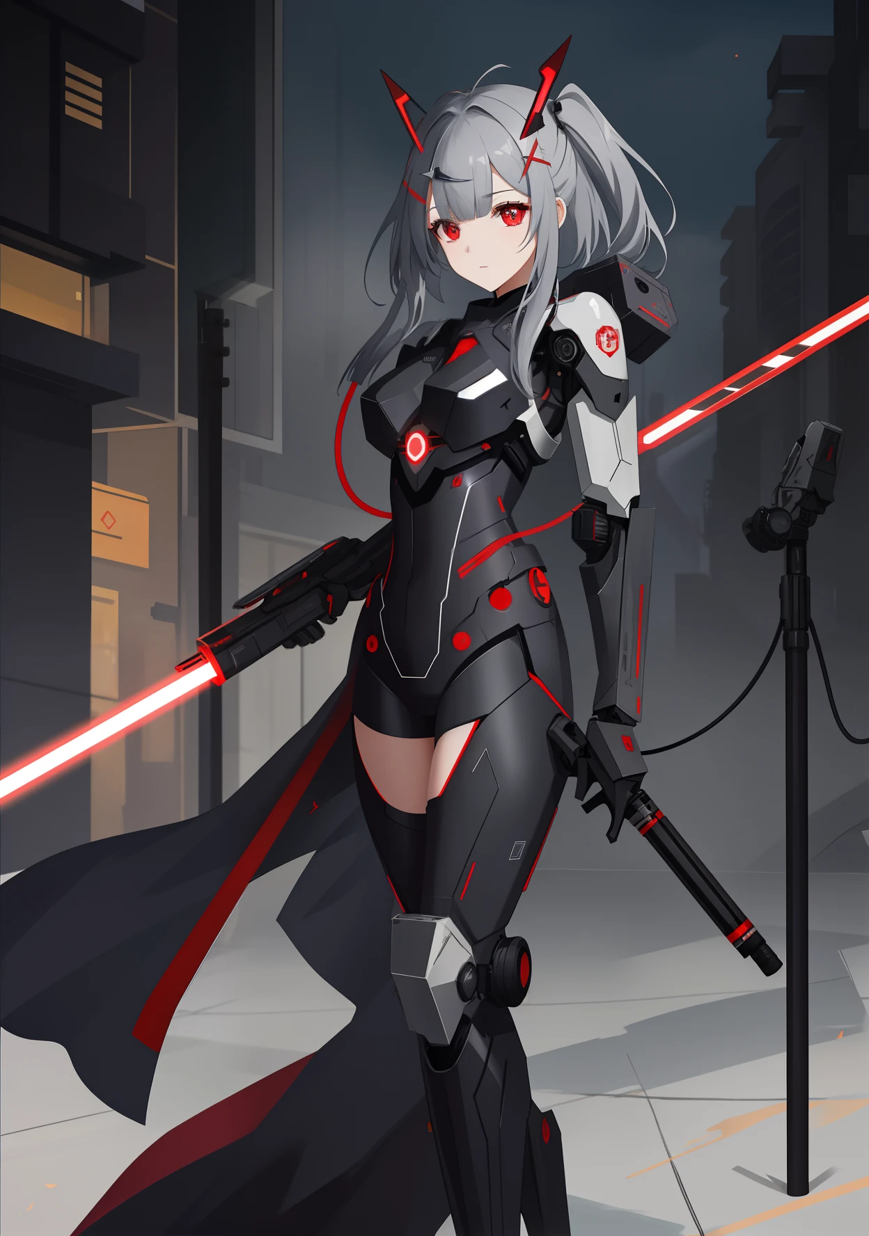 greyt hair, side swept bangs, （（hair covering one eye））,There is a red antenna decoration on the head, x-shaped pupils, Red eyes,（ Mechanical prosthetics）, There is a red reactor in the middle of the chest, （Dark blue body）, holding a red lightsaber,Stand on the broken streets， Ark of Tomorrow standing painting style, Ray tracing, 8K, Super detail