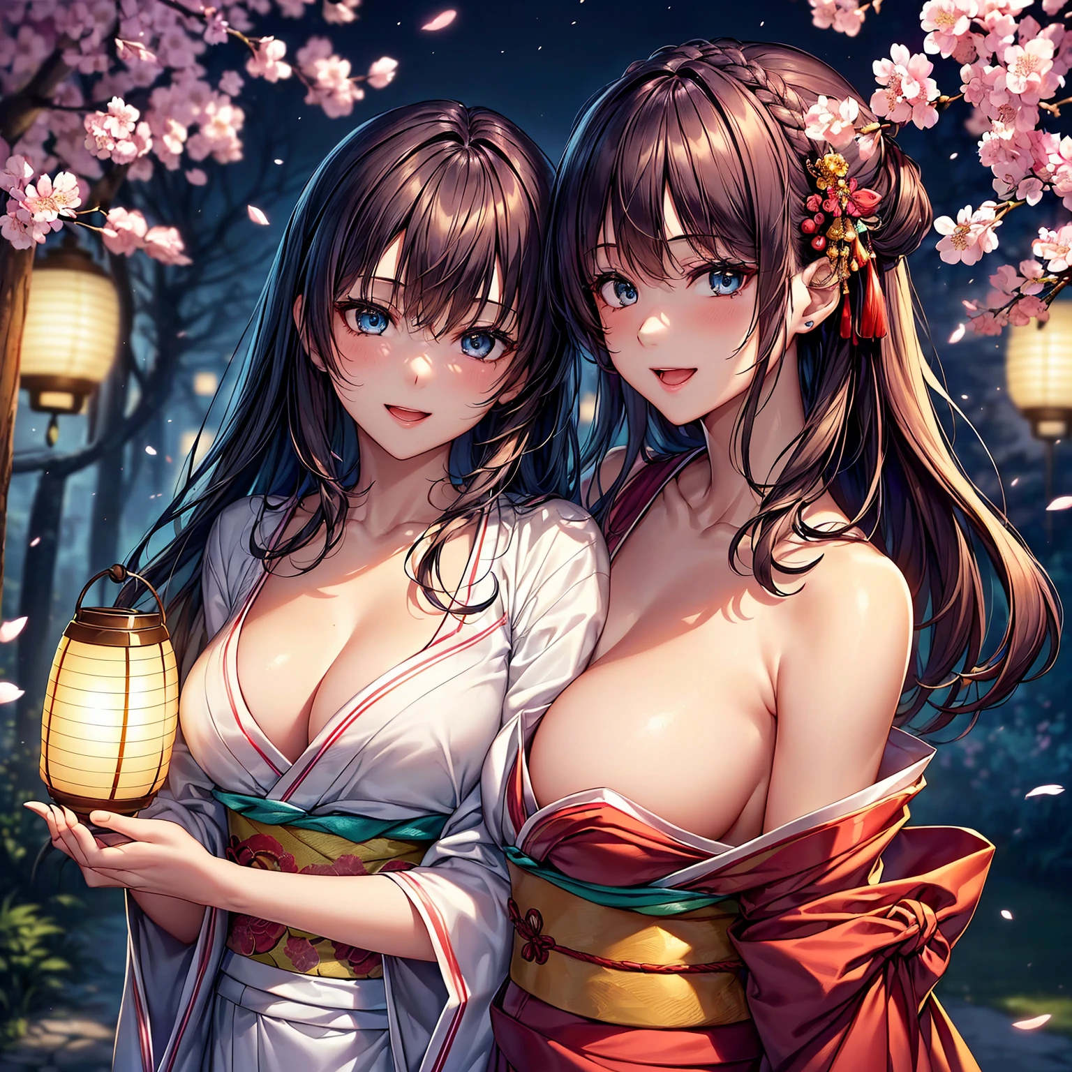 (top-quality、masterpiece、very high res、An ultra-high picture quality、High quality pixels)、(She is a mysterious and bewitching woman, And she is 18 years old,1 person,Single,独奏:1.5)、(She is a very beautiful woman with a beautiful face)、(Beautiful face written in detail,Beautiful body,Strong-willed eyes,Beautiful eyes,Beautiful and colorful hair,Beautiful skin texture)、(Beautiful hair quality,Variety of hairstyles)、(She has a slender figure and her breasts are D cups)、(lovely smile,Smile, Open mouth,),(Wearing a Japan kimono,Colorful Japan kimono,shoulders are exposed),(Rows of cherry blossom trees at night,Night cherry blossoms in full bloom,Lanterns light),(model poses,modelshoot,Magazine shooting,Hair flutters under the influence of the wind),The wind is blowing、Beautiful Art Style, an animated character、(The whole picture、Detailed picture、accurate anatomy、Defect-free images、extremely detailed picture、Accurate images、Perfect Image 1.5)、(Best Shot Photo 1.2)