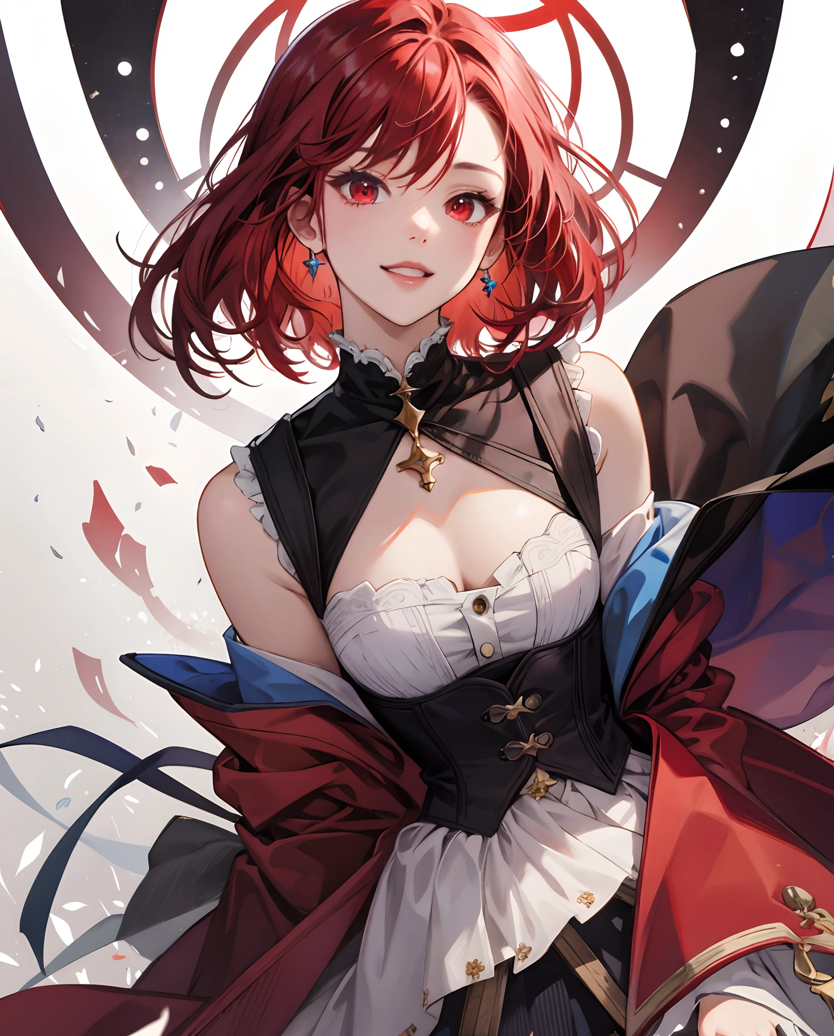 ​masterpiece、top-quality、超A high resolution、2D Beautiful Girl、animesque、teens girl、Red hair、short-haired、Vampire-like figure、Beautiful red eyes、The clothes are also depicted in detail、Eyes are depicted in detail、The face is depicted in detail、sorcerer、soio、Gentle smile、hair adornments、animesque、illustratio