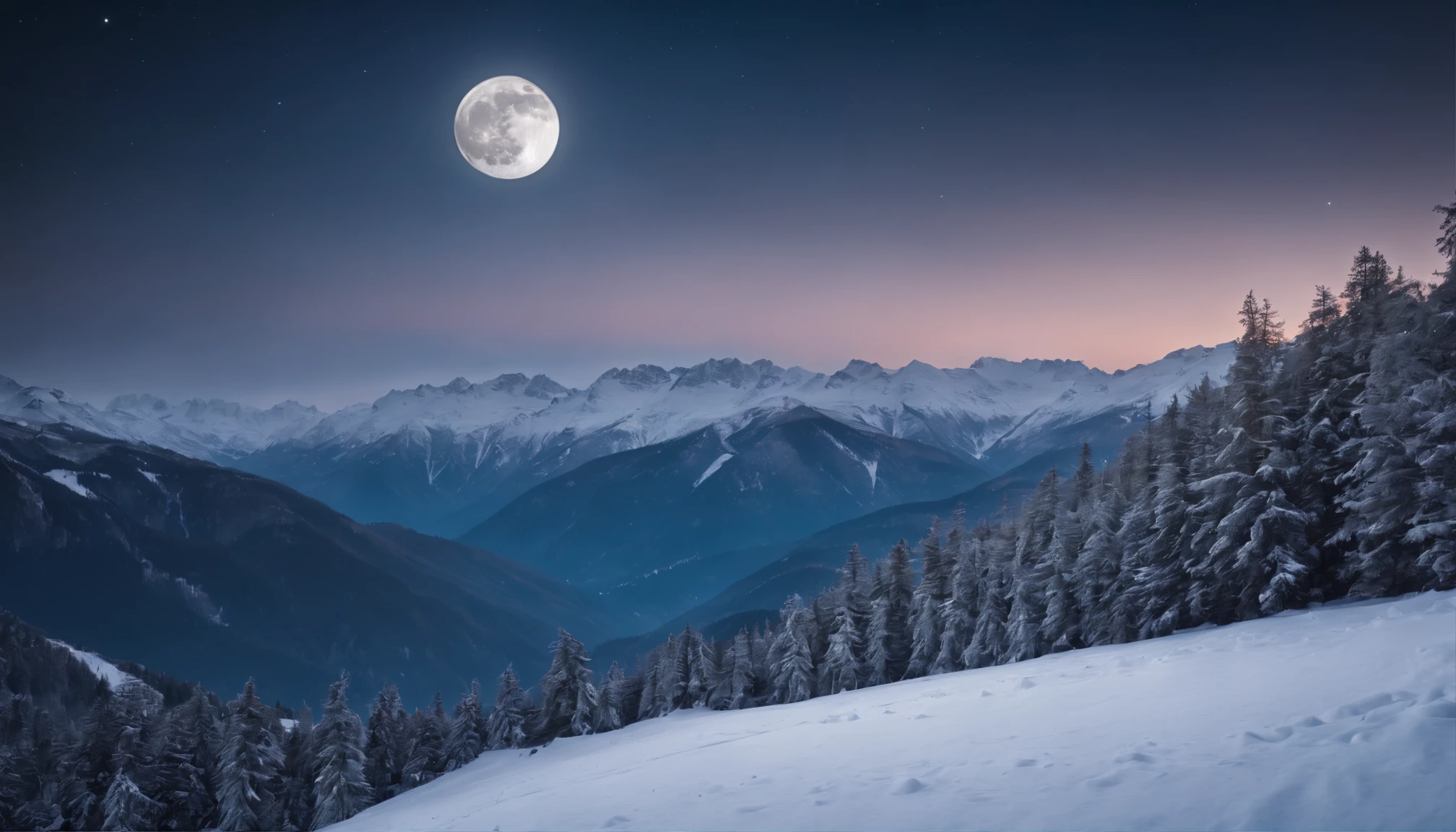 Montagnes de neige　Superbe vue　nuit pleine lune