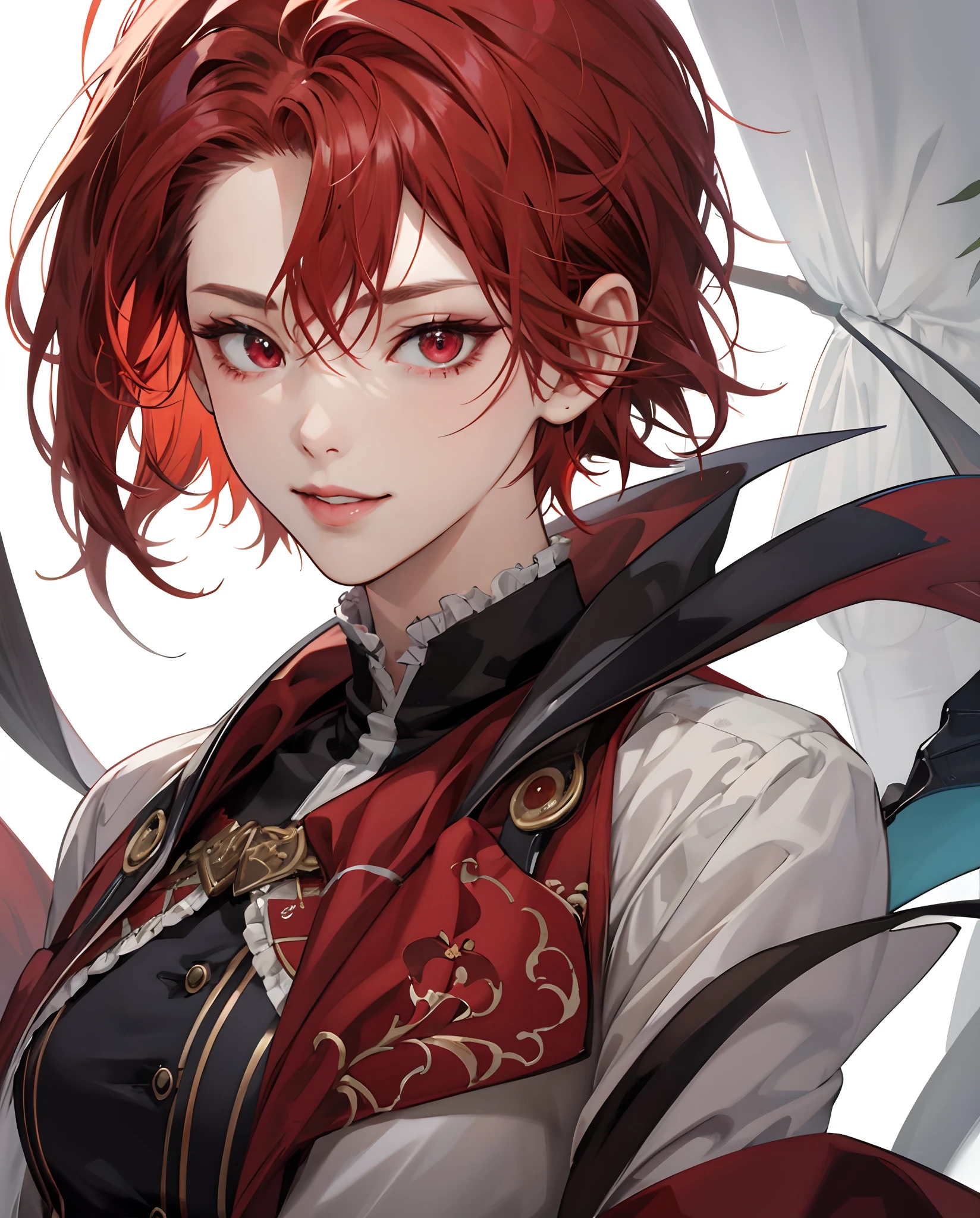 ​masterpiece、top-quality、超A high resolution、2D Beautiful Girl、animesque、teens girl、Red hair、short-haired、Vampire-like figure、Beautiful red eyes、The clothes are also depicted in detail、Eyes are depicted in detail、The face is depicted in detail、sorcerer、soio、Gentle smile、hair adornments、animesque、illustratio