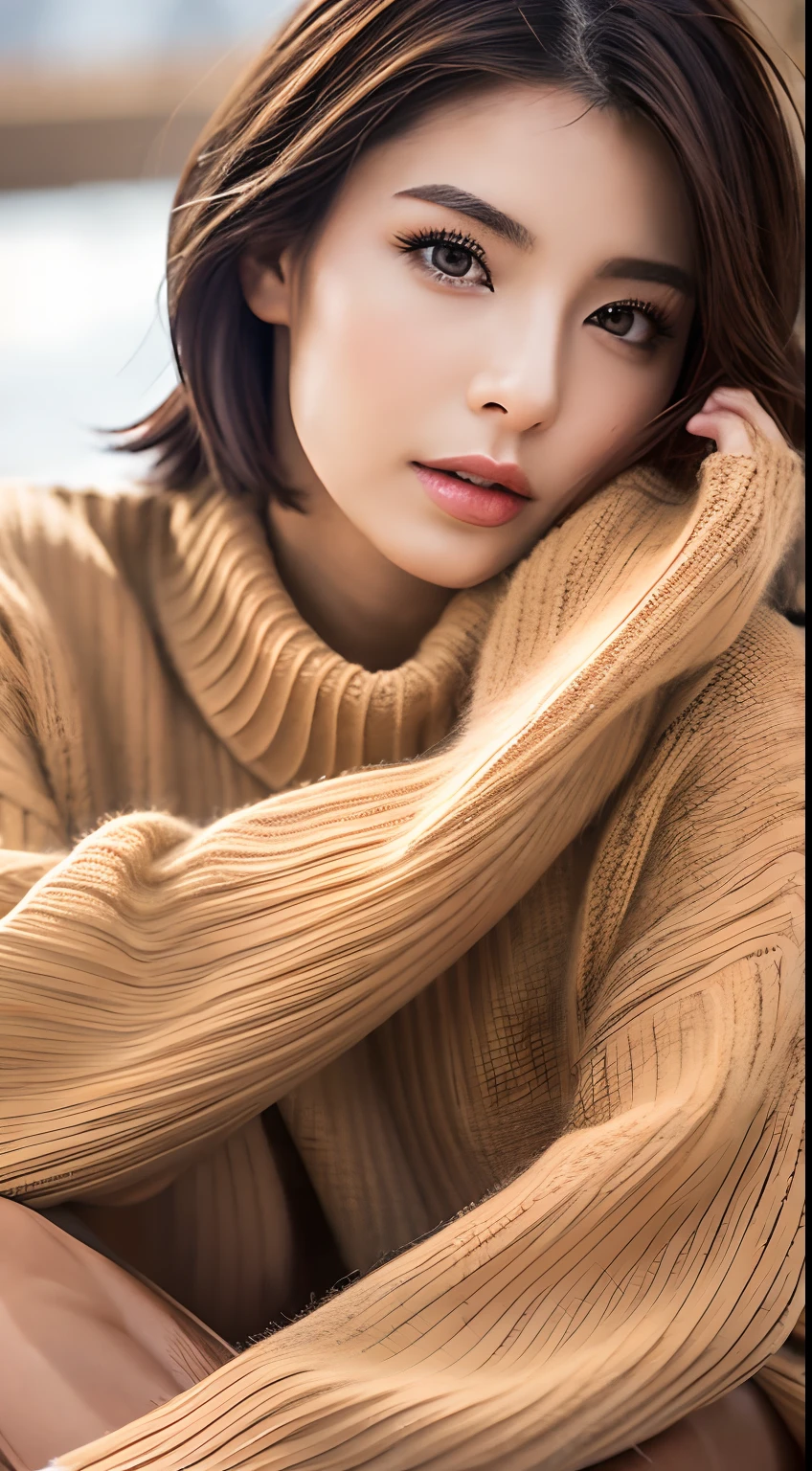 Best Quality, 8k, 32k, Masterpiece, UHD: 1.3), Attractive Japan Woman Pictures, One Girl, (Big: 1.0), Abs, Perfect Body, (oversized tunic sweater : 1.1), (boots:1.1), Ultra Detailed Face, Detailed Lips, Fine Eyes, Double Eyelids,short hair,Disheveled Hair,