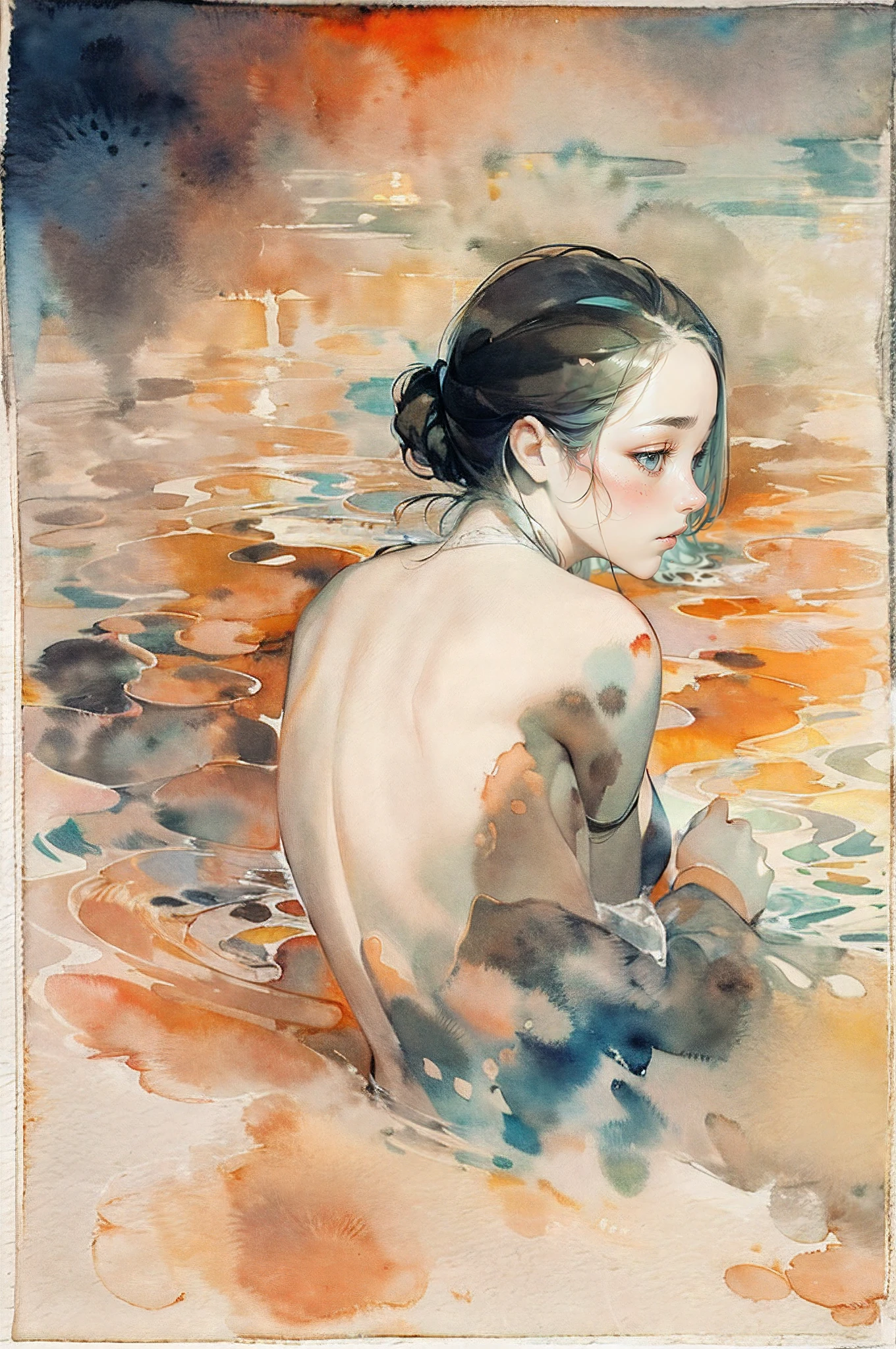 Beautiful and lonely expression(Ink on Japanese paper, which tends to bleed easily)(contemporary art like a picture book) (transparent watercolor) (light itself expressed as real) (layers of soft, rich colors) (shades of paint dissolved thinly with water) (deep, delicate colors)