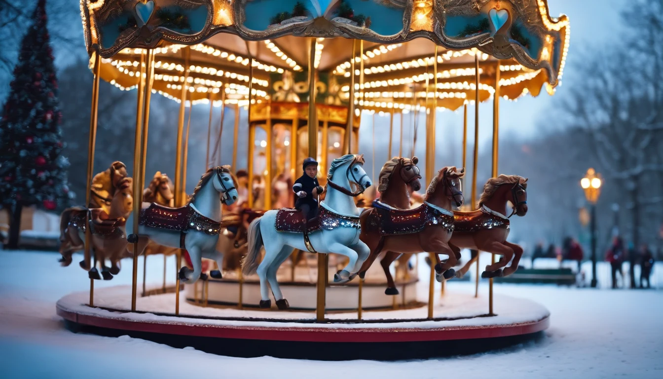 There is a carousel with horses on a snowy day - SeaArt AI