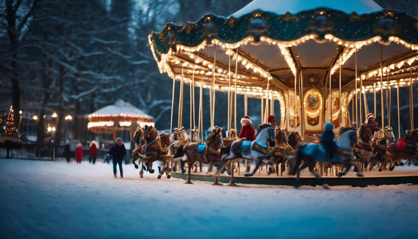 A whimsical snowy park, with a carousel adorned with sparkling lights and festive decorations, and children happily riding colorful horses.