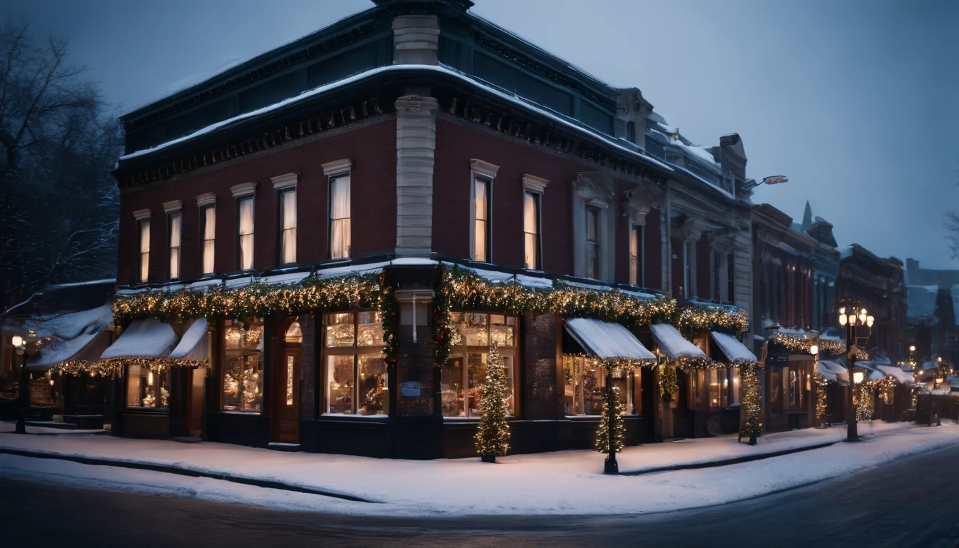 A charming city street adorned with ornate lampposts, snow-covered rooftops, and storefronts dressed in garlands and festive window displays.