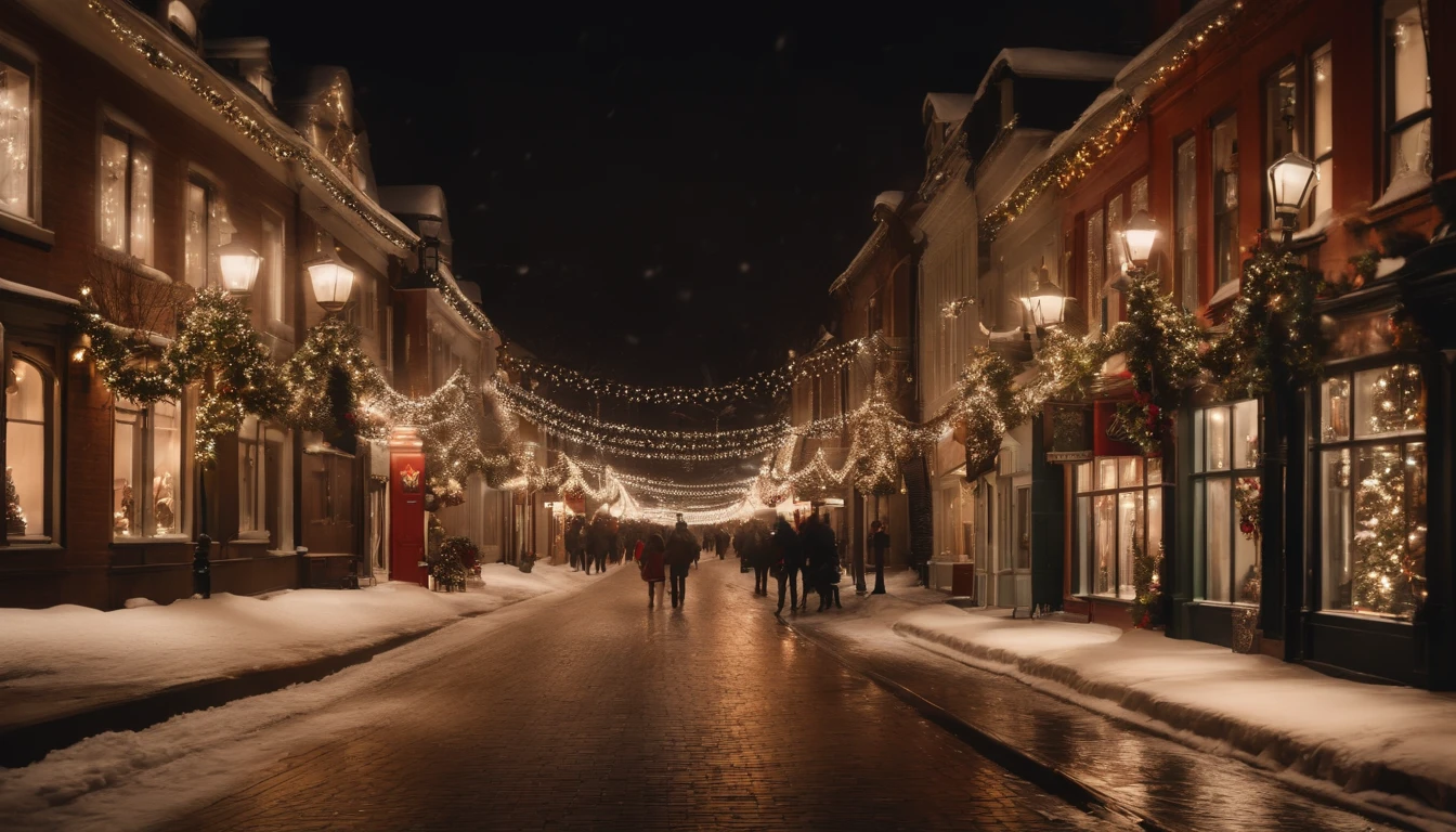 A charming city street adorned with ornate lampposts, snow-covered rooftops, and storefronts dressed in garlands and festive window displays.