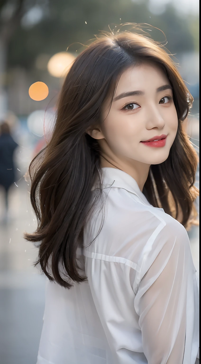 ((Best quality, 8K, Masterpiece: 1.3)), Focus: 1.2, Perfect body beauty: 1.4,  buttocks: 1.2, (layered haircuts: 1.2)), (rain, street:1.3), Highly detailed face and skin texture, Fine eyes, Double eyelids, Whitening skin, Long hair, (face round: 1.5), Sweet